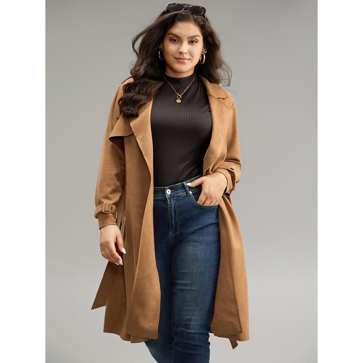 Plus Size Solid Button Detail Knot Belted Coat Women Chocolate Work From Home Plain Ladies Work Winter Coats BloomChic 18-20/2X Product Image