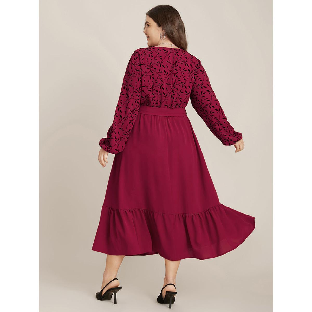 Plus Size Plant Print Lantern Sleeve Pocket Belted Ruffles Hem Dress Burgundy Women Elegant Patchwork V-neck Long Sleeve Curvy Midi Dress BloomChic 28/5X Product Image
