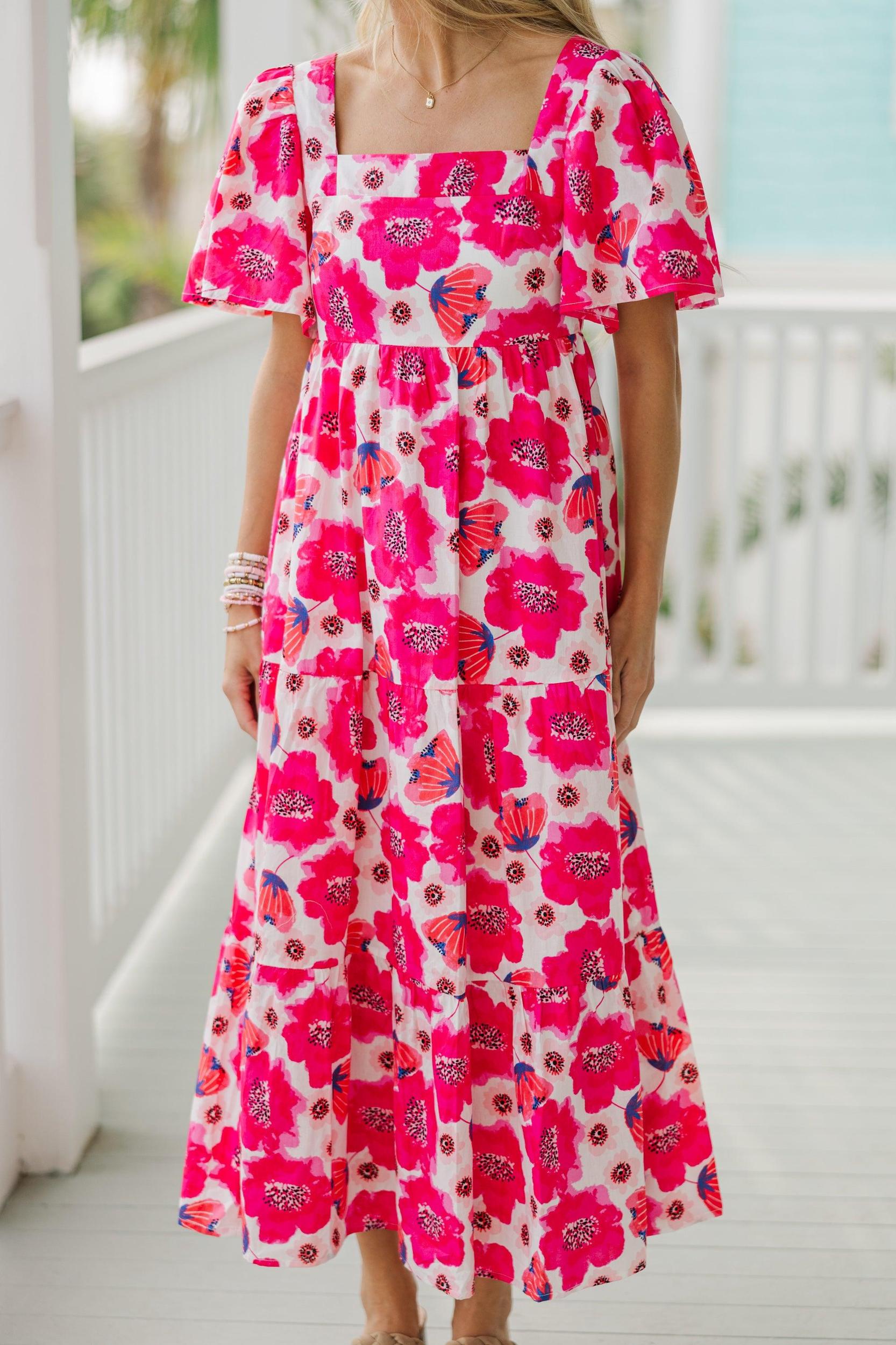 Answer The Call Hot Pink Floral Midi Dress Female Product Image
