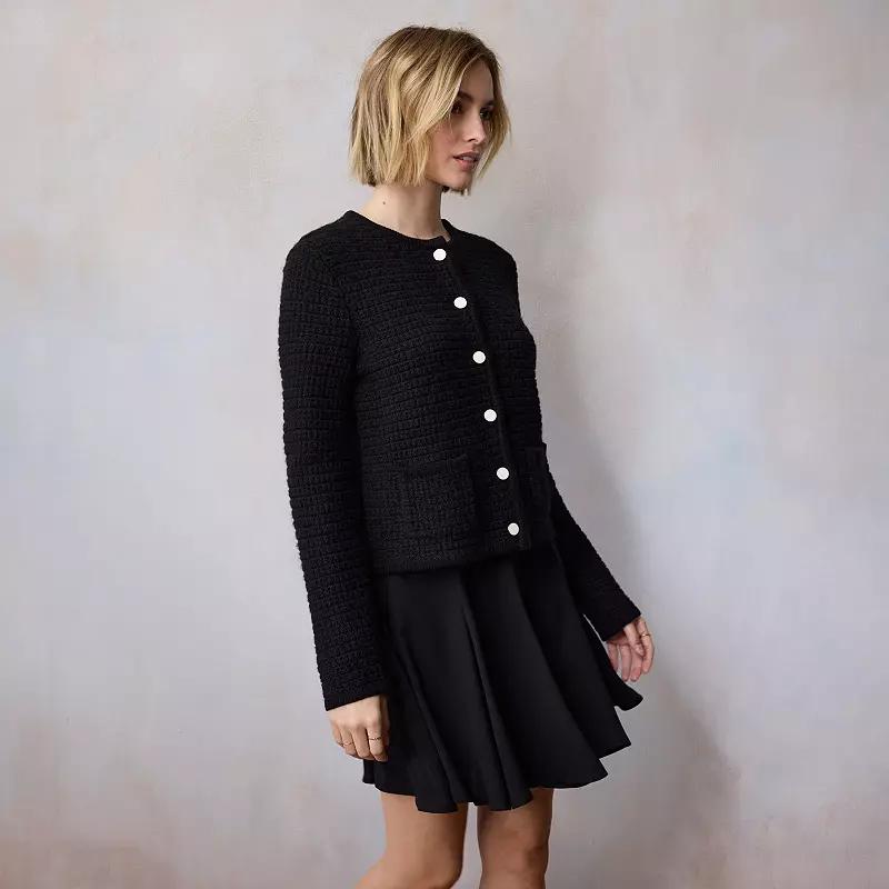 Women's LC Lauren Conrad Textured Stitch Crewneck Cardigan, Size: Large, Black Product Image
