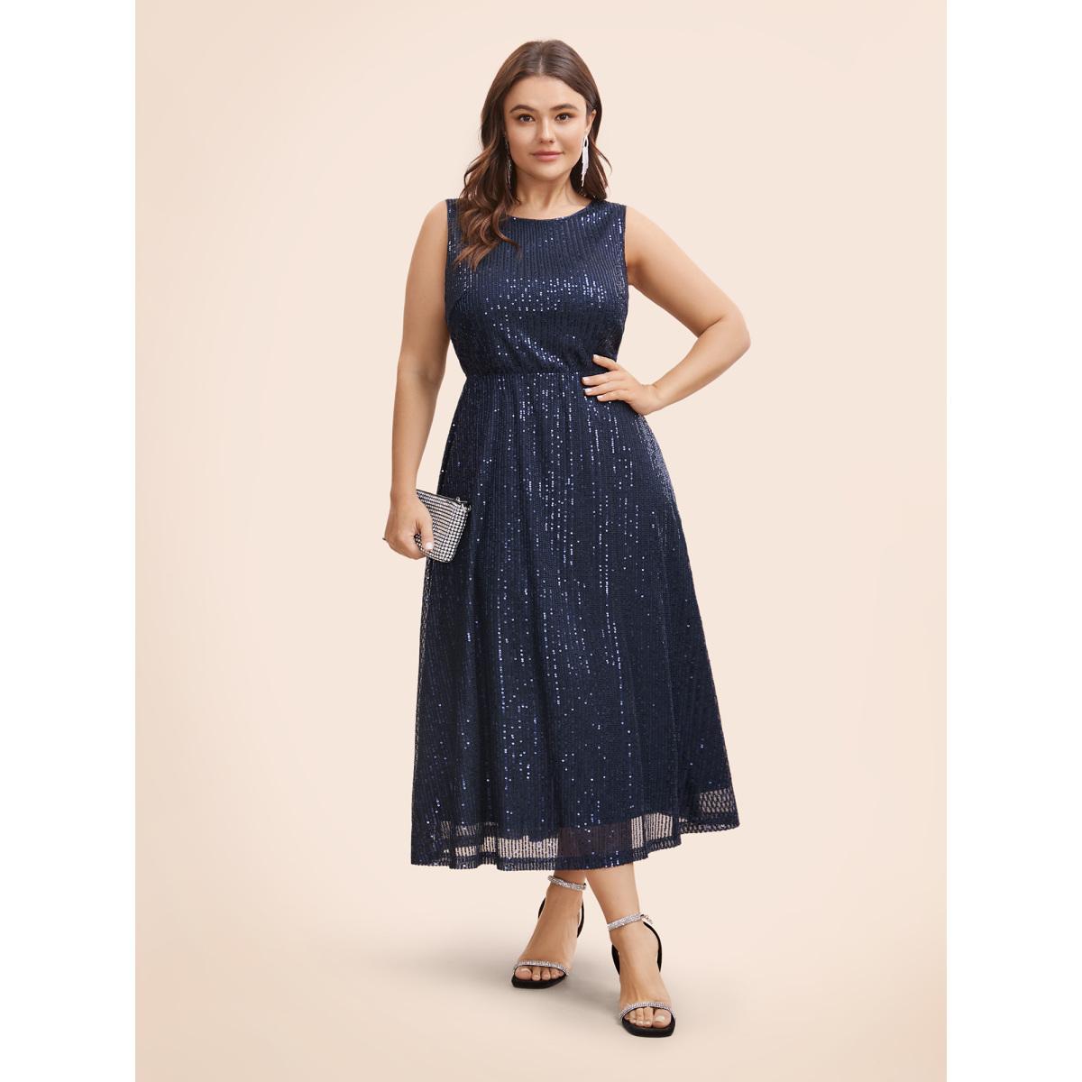 Plus Size Round Neck Sequin Mesh Tank Dress Midnight Women Cocktail Texture Round Neck Sleeveless Curvy BloomChic 18-20/2X Product Image