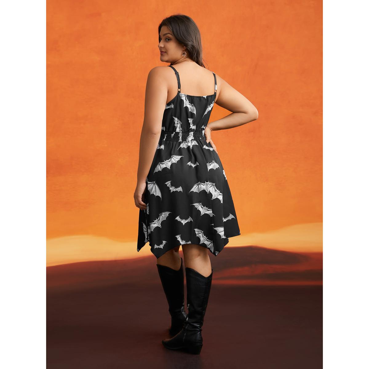 Plus Size Neck Drawstring Bat Print Midi Dress Black Women Cocktail Tie knot Party Curvy Bloomchic 22-24/3X Product Image
