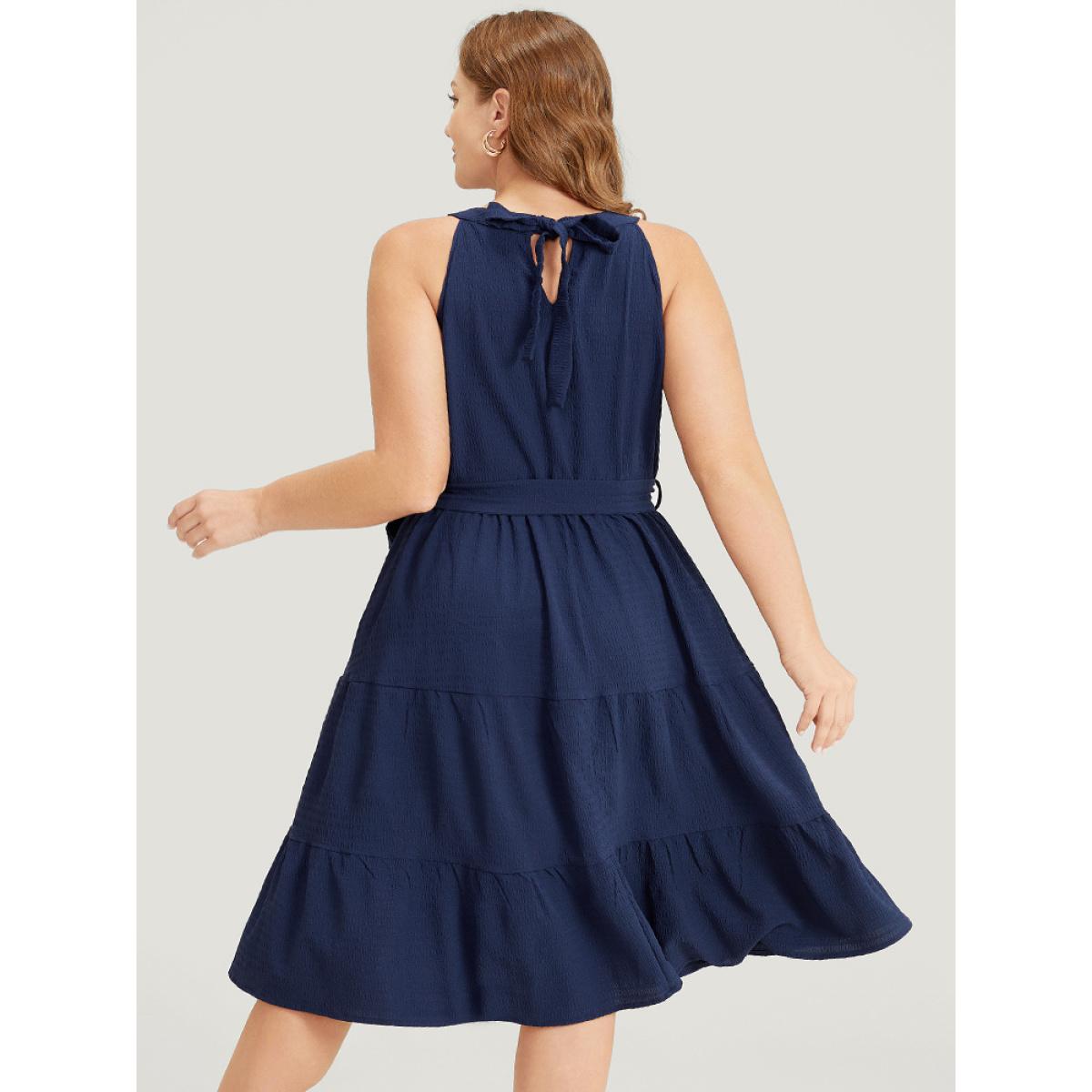 Plus Size Solid Knot Halter Pocket Belted Ruffles Tiered Hem Dress Indigo Women Elegant Gathered Halter neck Sleeveless Curvy Knee Dress BloomChic 12/L Product Image