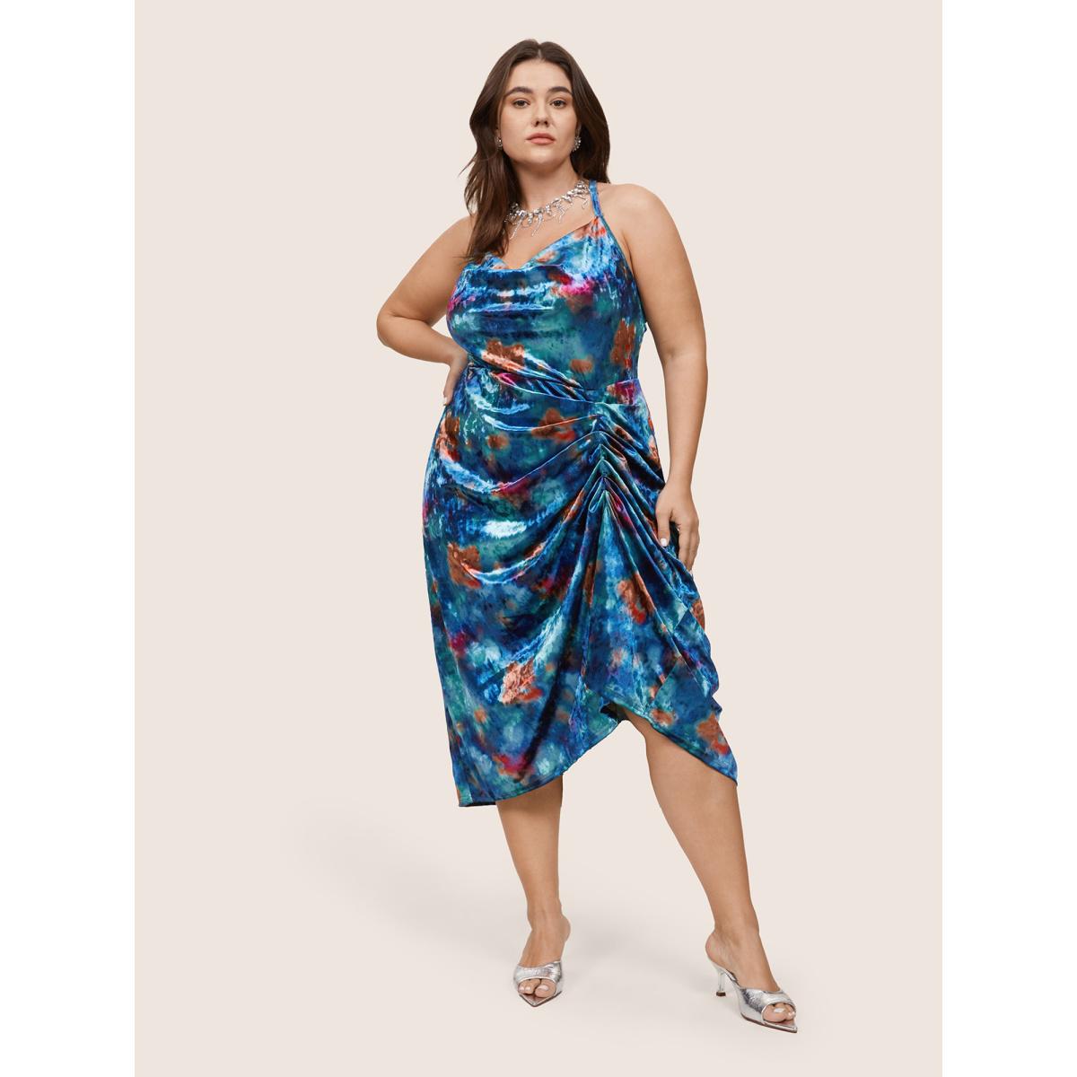 Plus Size Colored Floral Velvet Cowl Neck Ruched Cami Dress Teal Women Party Velvet Cowl Neck Sleeveless Curvy Midi Dress BloomChic 22-24/3X Product Image