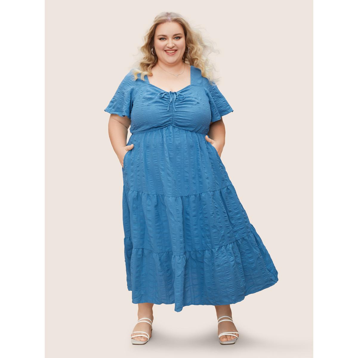 Plus Size Plain Ruched Drawstring Pocket Ruffle Tiered Dress Cerulean Women Timeless Non V-neck Short sleeve Curvy Midi Dress BloomChic 28/5X Product Image