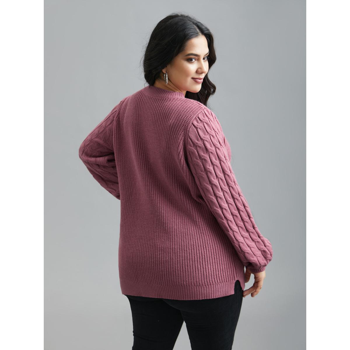 Plus Size Round Neck Textured Cable Knit Pullover Beanpastepowder Women Casual Loose Long Sleeve Round Neck Everyday Pullovers BloomChic 18-20/2X Product Image