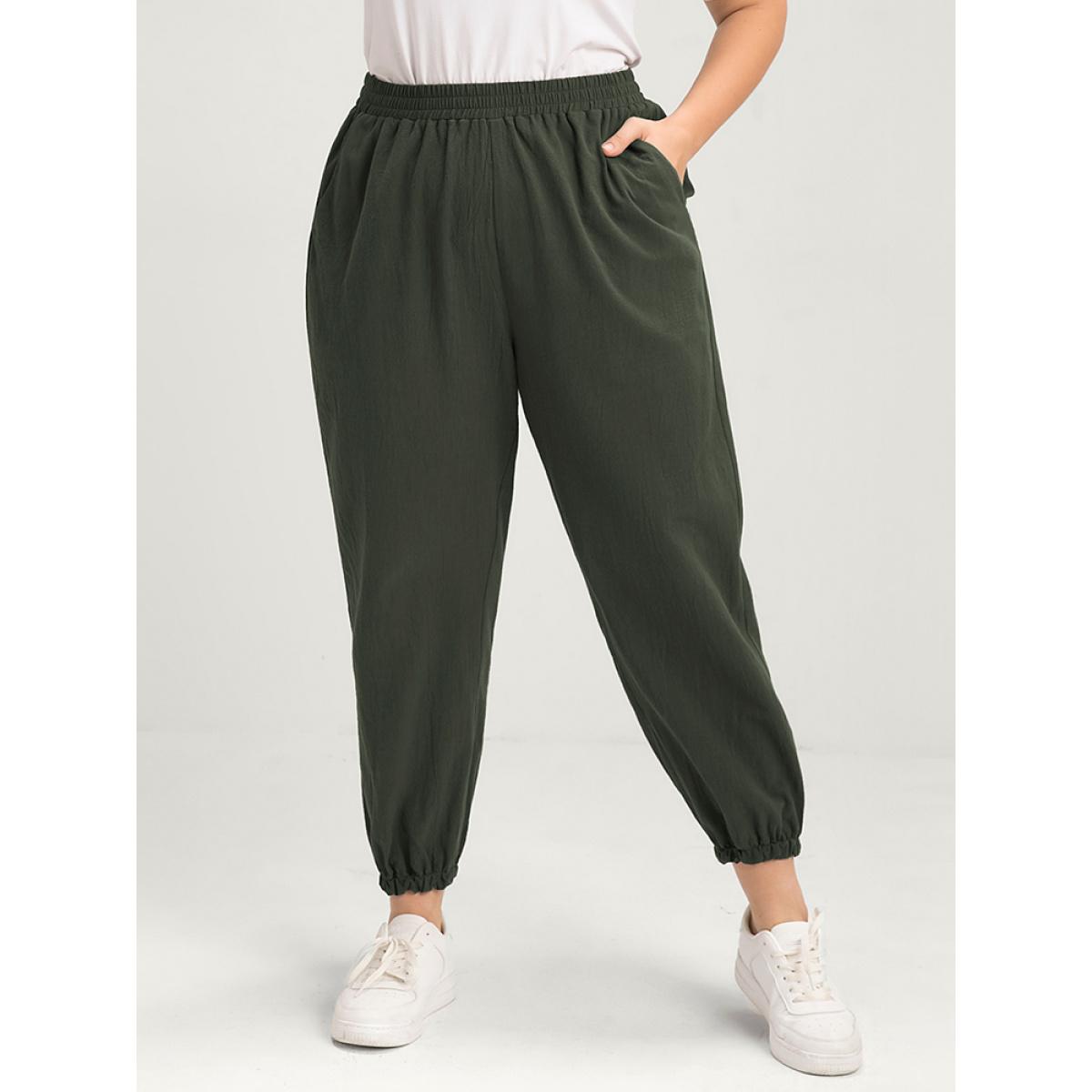 Plus Size Solid Elastic Waist Pocket Pants Women ArmyGreen Casual High Rise Dailywear Pants BloomChic 18-20/2X Product Image
