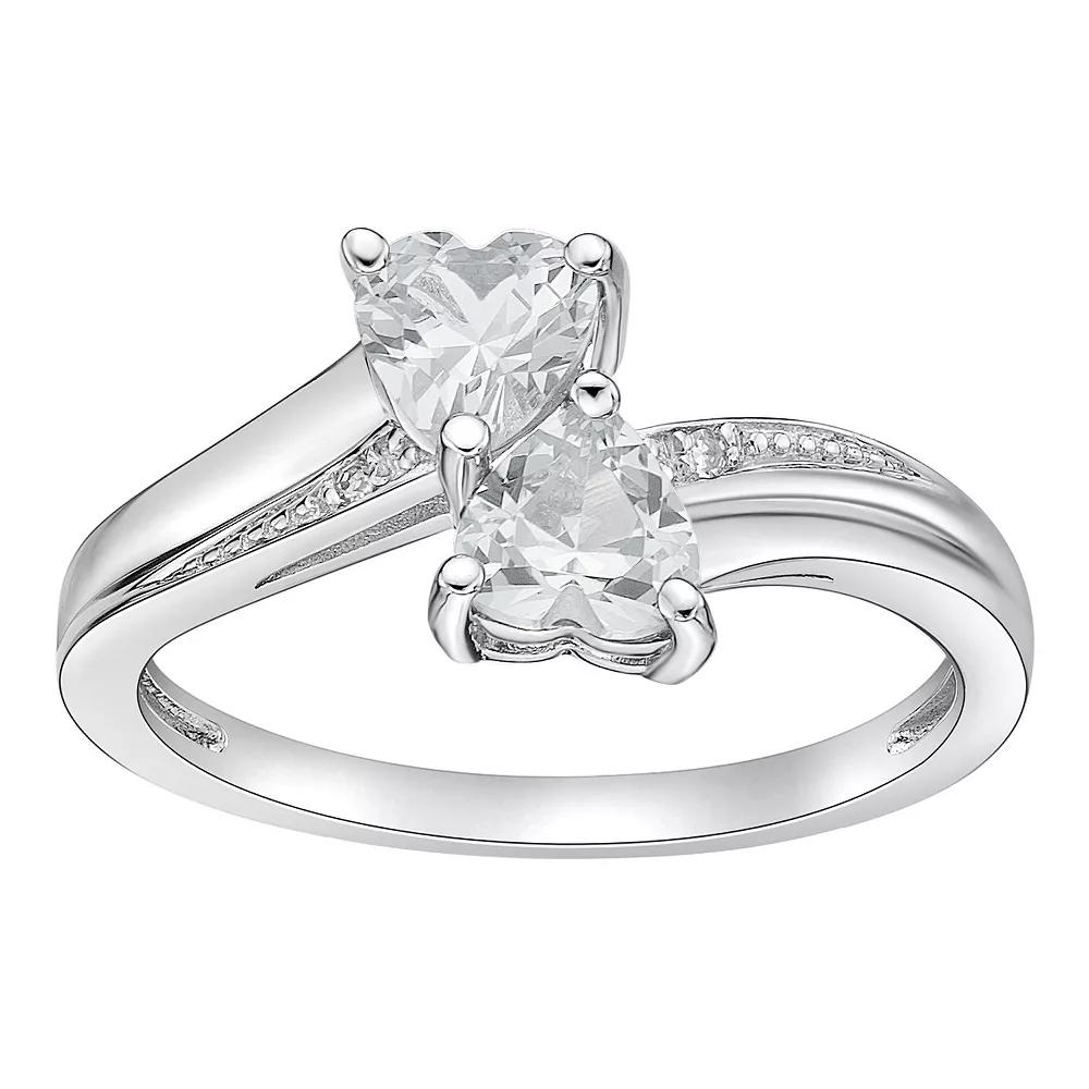 Gemminded Sterling Silver Gemstone & Diamond Accent Double Heart Bypass Ring, Women's, Size: 5, White Topaz Product Image