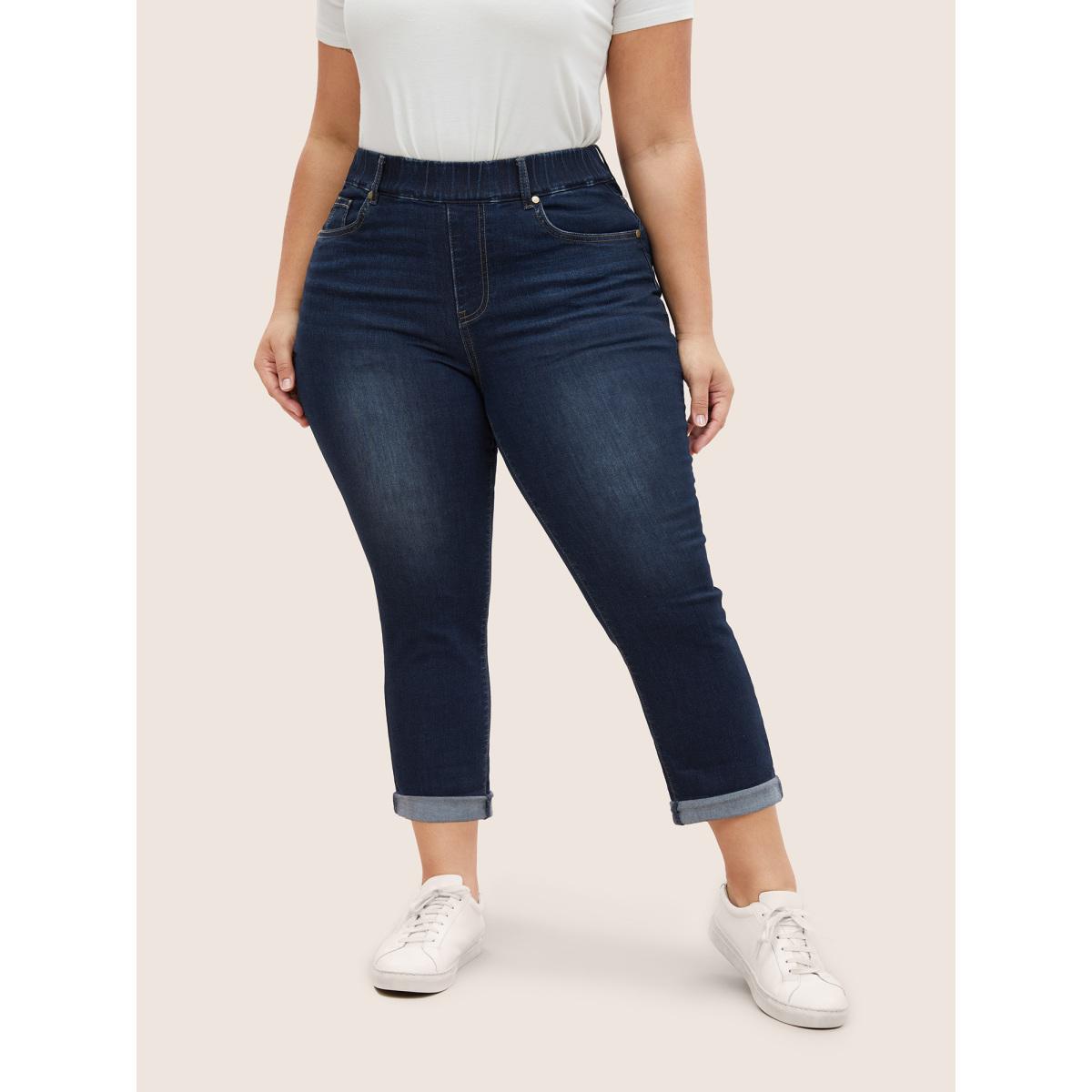 Plus Size Dark Wash Elastic Waist Roll Hem Jeans Women Midnight Casual Roll Hem High stretch Slanted pocket Jeans BloomChic 30/6X Product Image