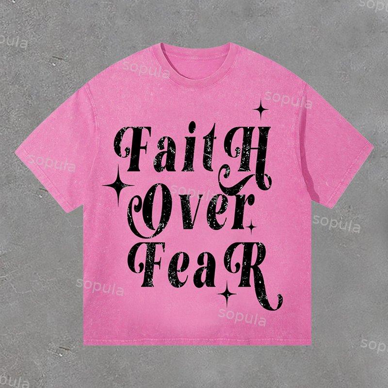 Sopula Faith Over Fear Print Casual Acid Washed T-Shirt Product Image
