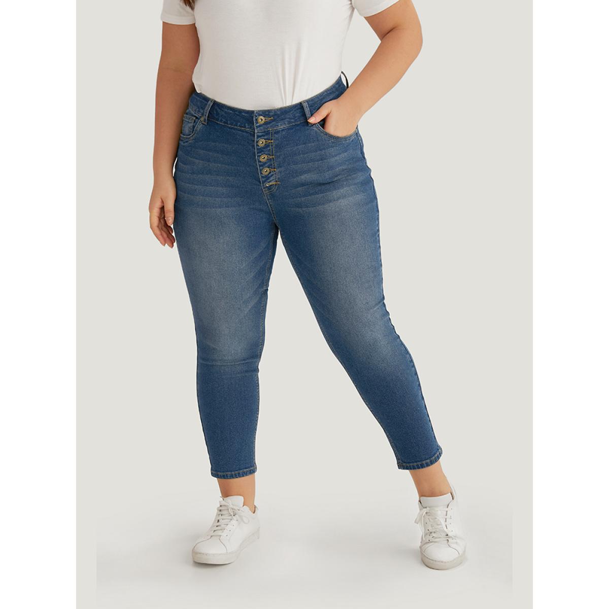 Plus Size Plain Button Fly High Rise Medium Wash Jeans Women Blue Casual Plain Plain High stretch Pocket Jeans BloomChic 16/1X Product Image