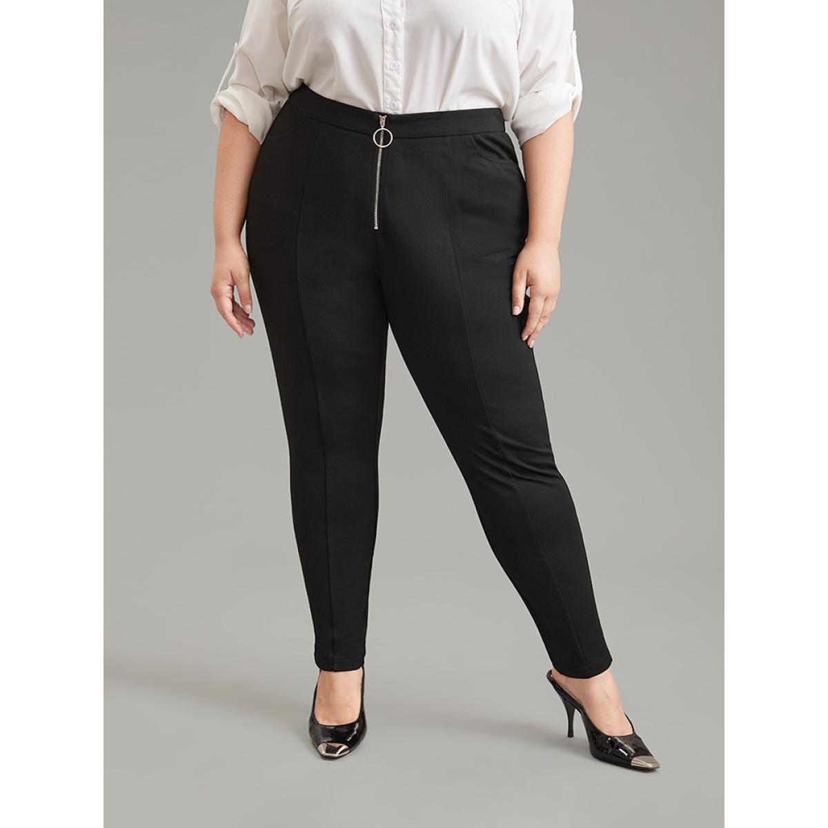 Plus Size O Ring Zipper High Rise Bodycon Pants Women Black Office Bodycon High Rise Office Pants BloomChic 22-24/3X Product Image