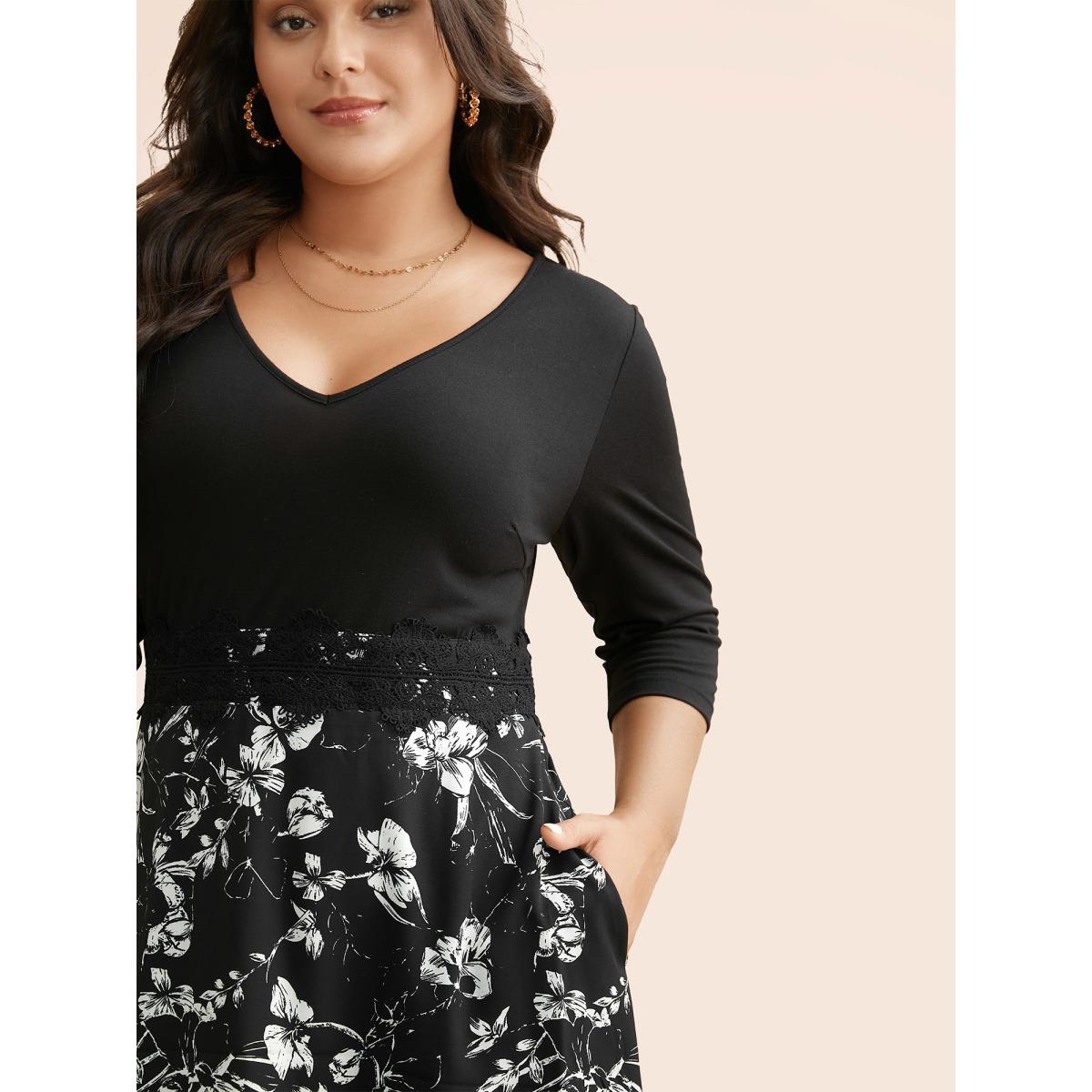 Plus Size Floral Patchwork Lace Trim Midi Dress Black Women Elegant Woven ribbon&lace trim V-neck Elbow-length sleeve Curvy BloomChic 14-16/1X Product Image