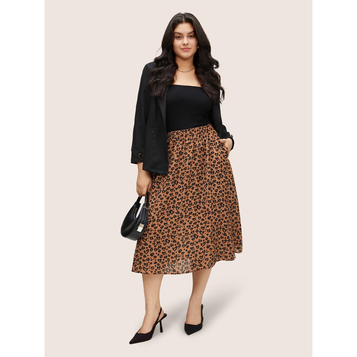 Plus Size Leopard Pocket Elastic Waist Cropped Skirt Women Chocolate At the Office Non No stretch Slanted pocket Work Skirts BloomChic 22-24/3X Product Image