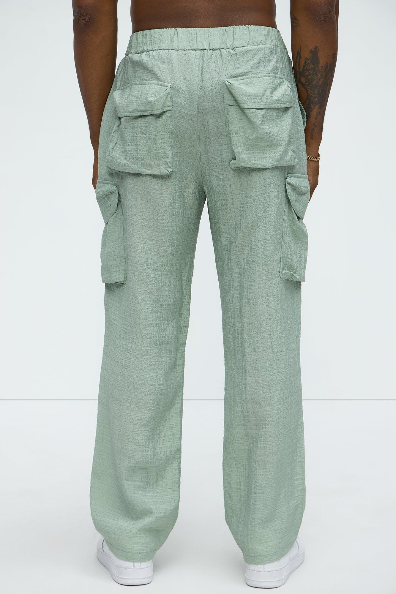 Crinkle Texture Belted Pants - Sage Product Image