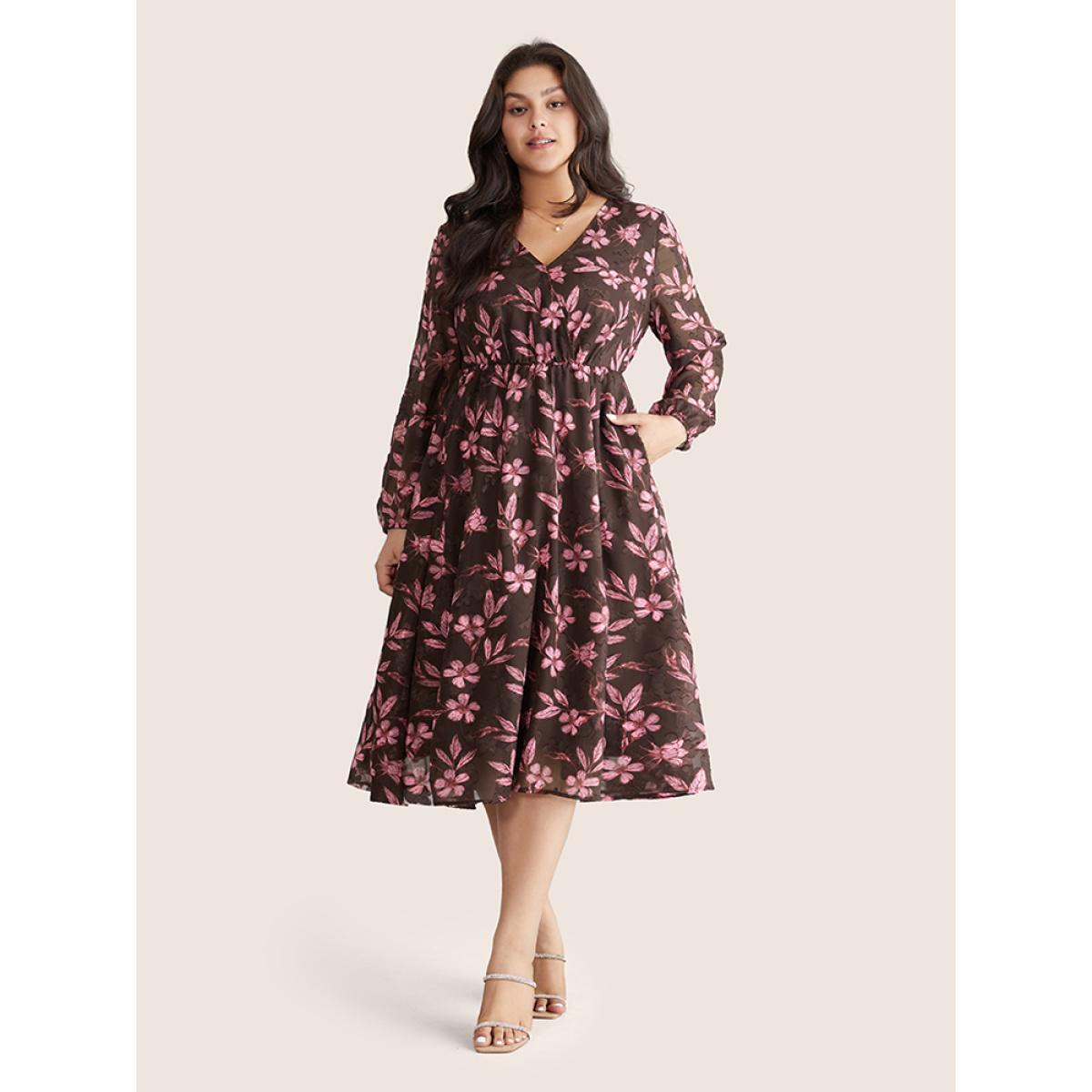 Plus Size Floral Mesh Patchwork Lantern Sleeve Wrap Dress DarkBrown Women Elegant Elastic cuffs Overlap Collar Long Sleeve Curvy Midi Dress BloomChic 12/L Product Image