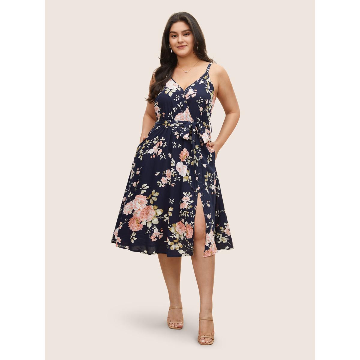 Plus Size Floral Wrap Elastic Waist Belted Sleeveless Dress DarkBlue Women Timeless Non Spaghetti Strap Sleeveless Curvy Midi Dress BloomChic 18-20/2X Product Image