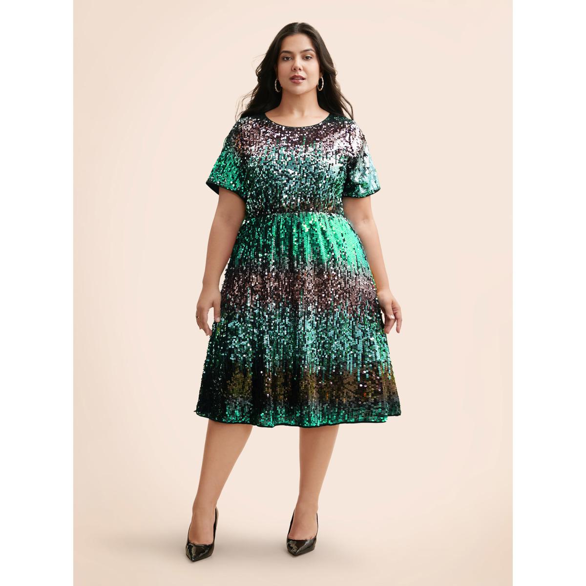 Plus Size Round Neck Ombre Sequin Dress Cerulean Women Cocktail Texture Party Curvy Bloomchic 10/M Product Image