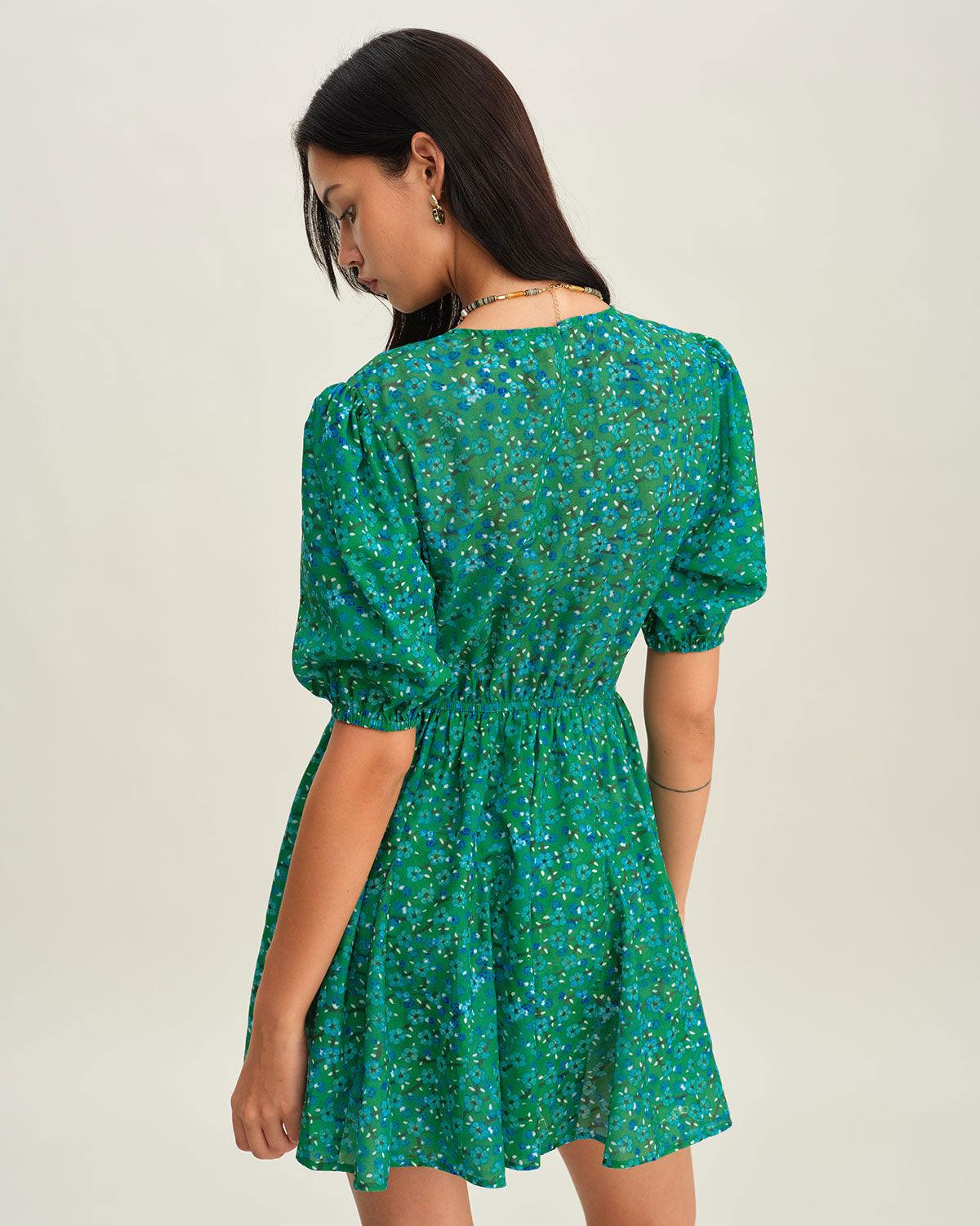 Green Ruched Elastic Waist Mini Dress Product Image