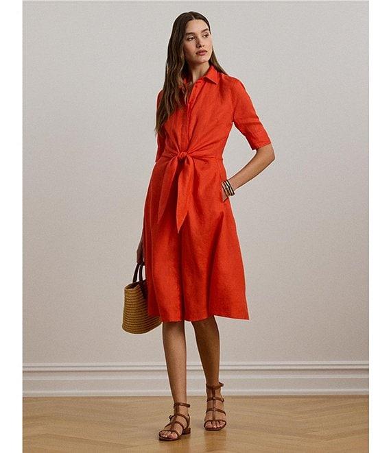 Lauren Ralph Lauren Linen Point Collar Elbow Sleeve Self Tie Button Front Fit-And-Flare Shirt Dress Product Image