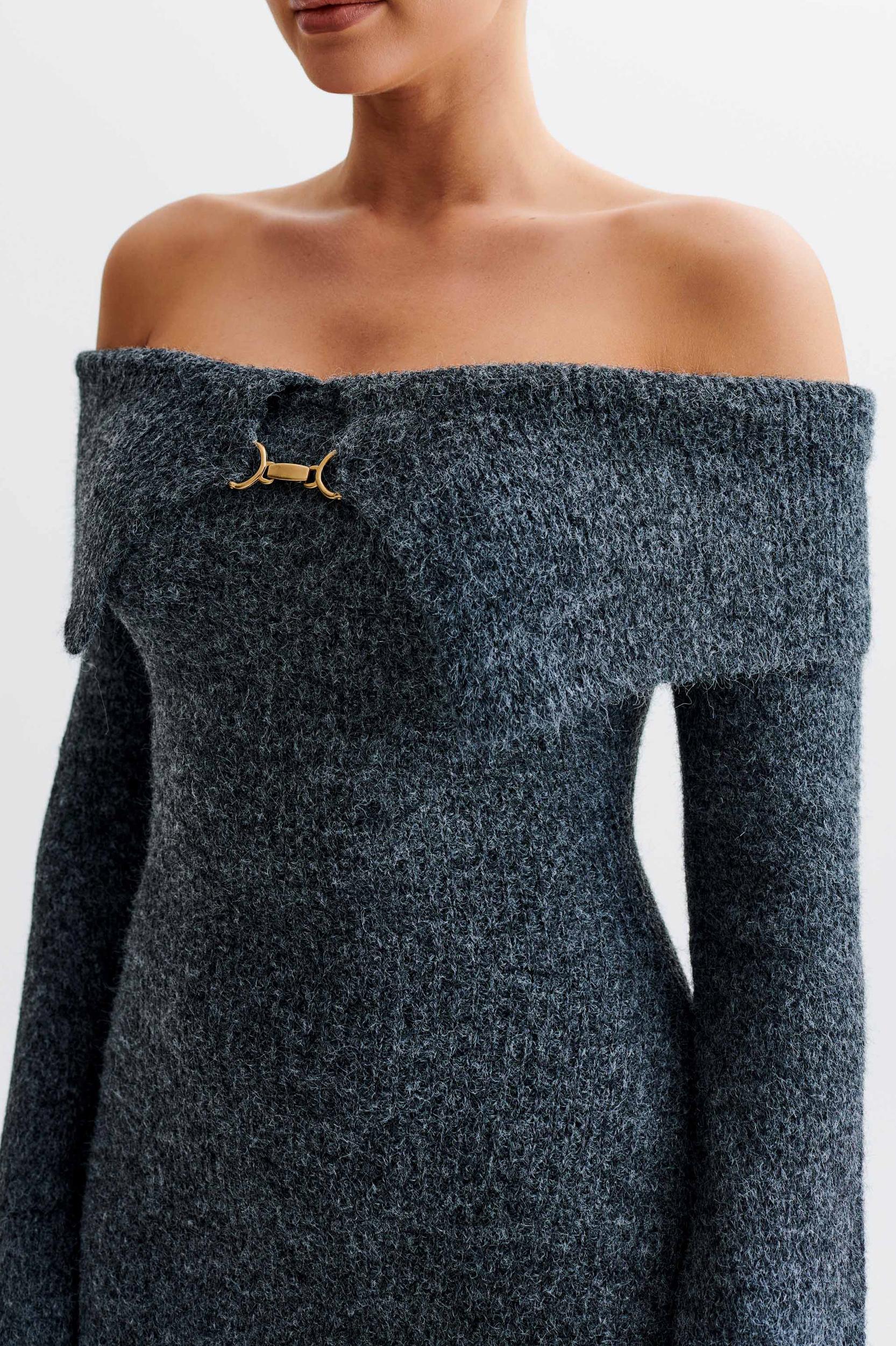 Baxter Off Shoulder Fluffy Knit Midi Dress - Charcoal Product Image