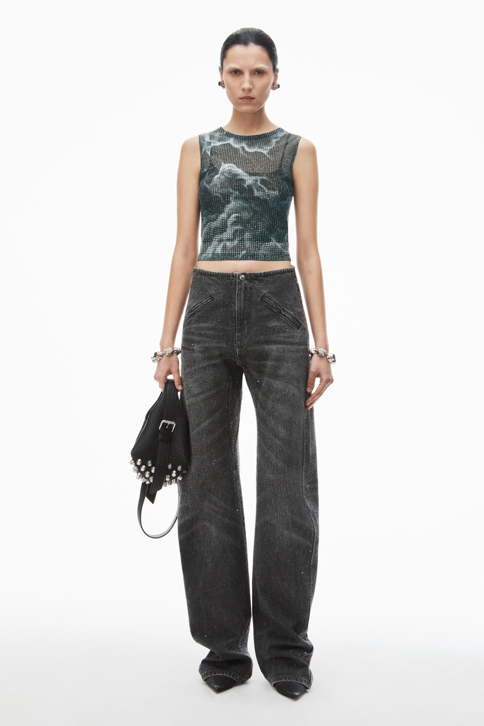 Clear Crystal Hotfix Moto Pant In Cotton Denim Product Image