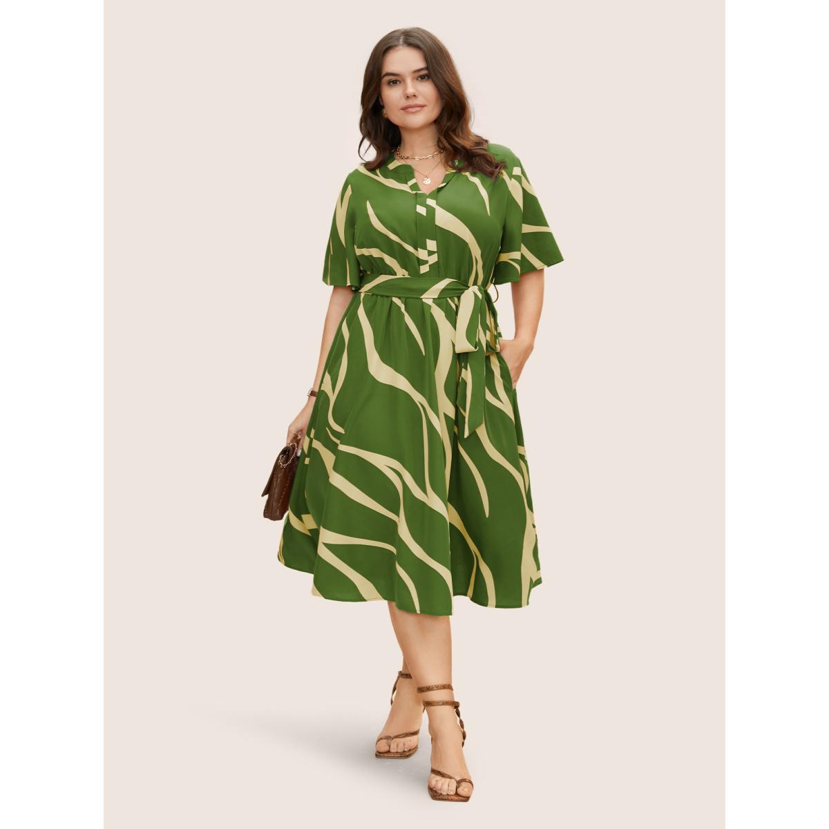 Plus Size Geometric Surplice Neck Tie Knot Midi Dress Olive Women At the Office Belted Flat collar with V-notch Short sleeve Curvy BloomChic 30/6X Product Image