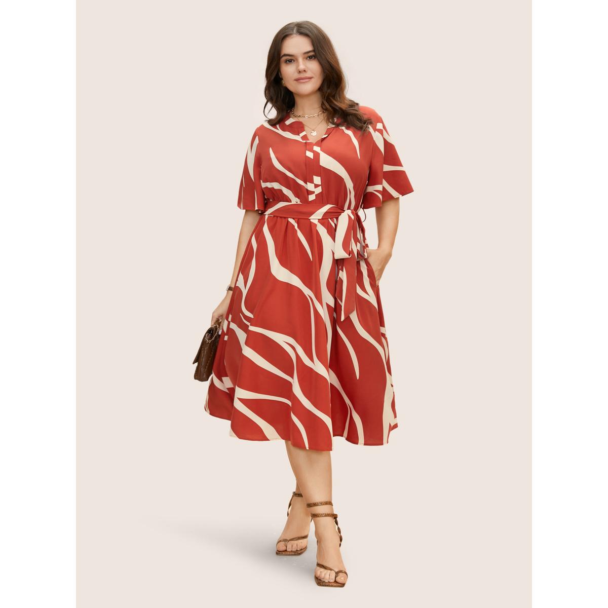 Plus Size Geometric Surplice Neck Tie Knot Midi Dress Rust Women Office Belted Flat collar with V-notch Short sleeve Curvy BloomChic 14-16/1X Product Image