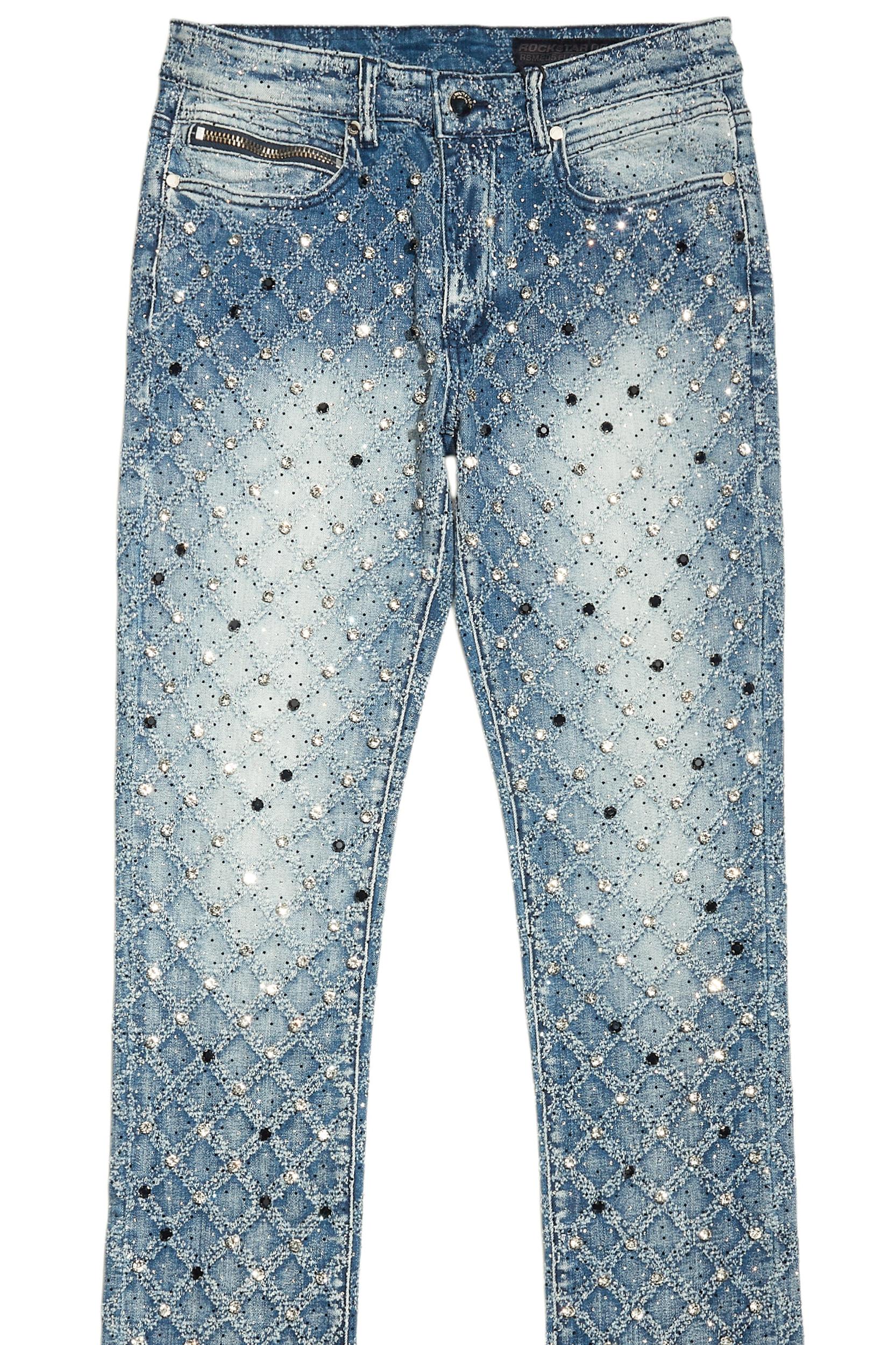 Glit Dark Blue Rhinestone Stacked Flare Jean Male Product Image