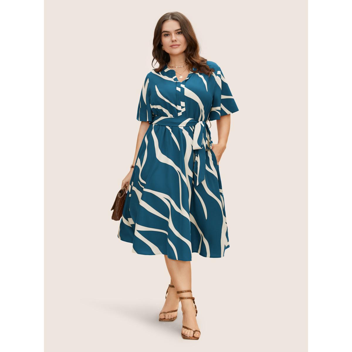 Plus Size Geometric Surplice Neck Tie Knot Midi Dress Aegean Women Office Belted Flat collar with V-notch Short sleeve Curvy BloomChic 14-16/1X Product Image