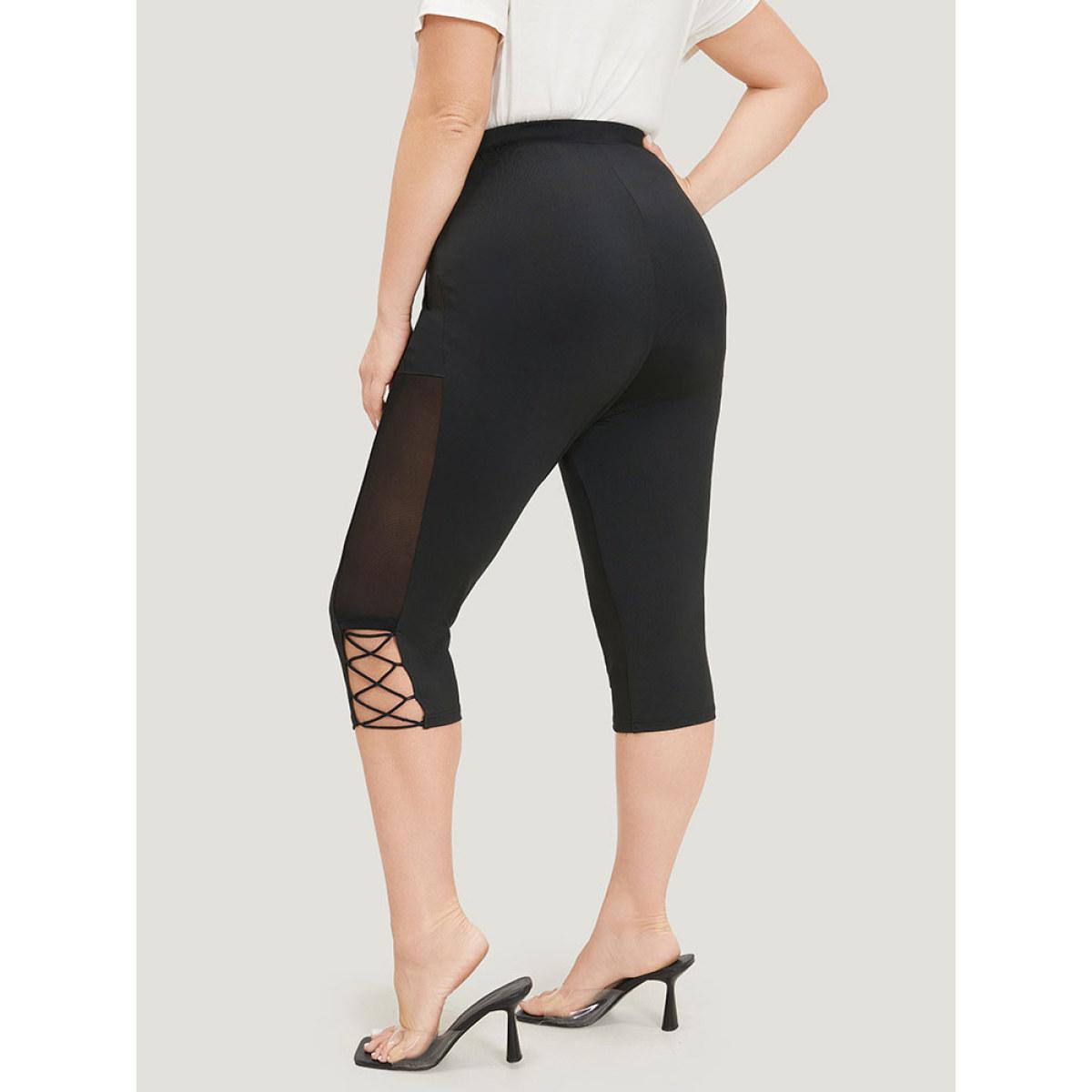 Plus Size Plain Crisscross Mesh Patchwork Cropped Leggings Women Black Elegant High stretch Skinny High Rise Dailywear Leggings BloomChic 12/L Product Image