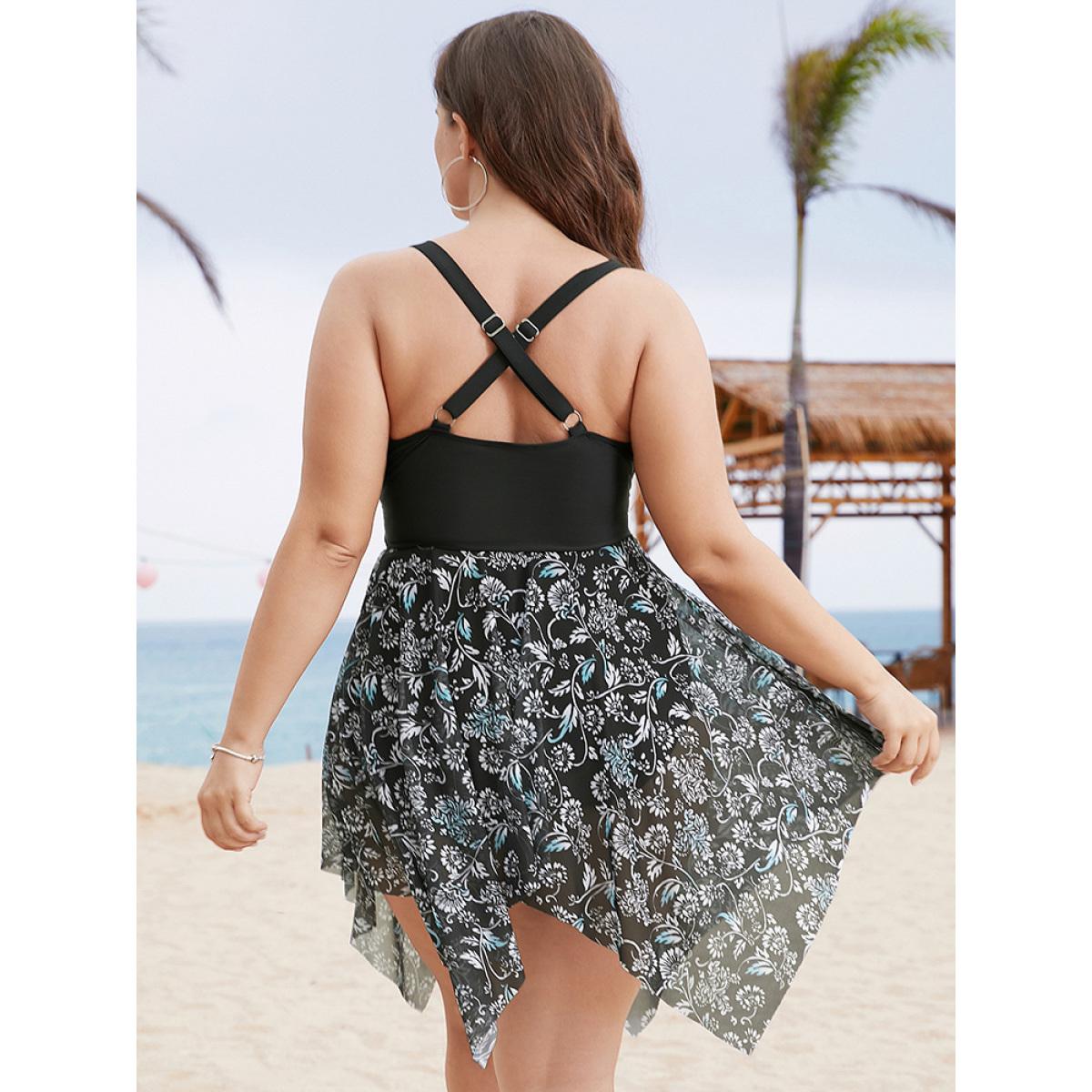 Plus Size Ruffle Trim Hanky Hem Floral Contrast Swim Dress Women's Swimwear BlackFlower Vacation Bodycon V-neck High stretch Curve Swim Dresses BloomChic 14-16/1X Product Image