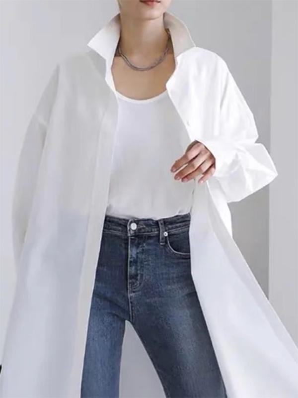 Long Sleeves Loose Buttoned Solid Color Split-Side Lapel Collar Outerwear Shirts Tops Product Image
