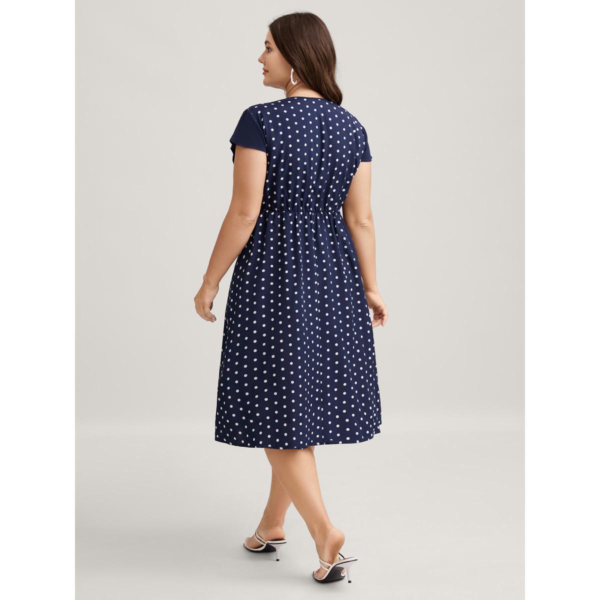 Plus Size Polka Dots Stretchy Waist Pockets Midi Dress Navy Women Retro Heart neckline Cap Sleeve Curvy BloomChic 30/6X Product Image