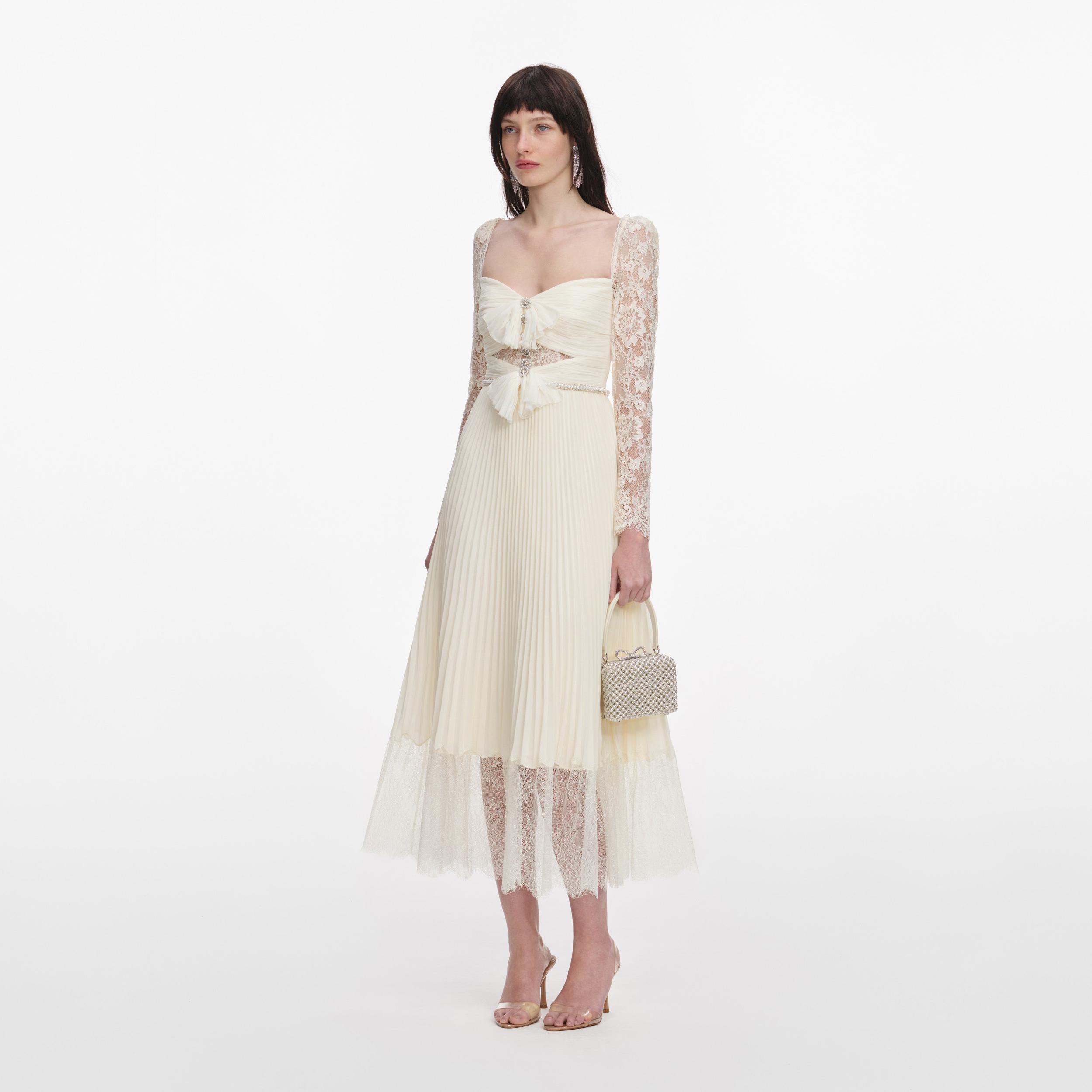 Cream Chiffon Lace Midi Dress Product Image