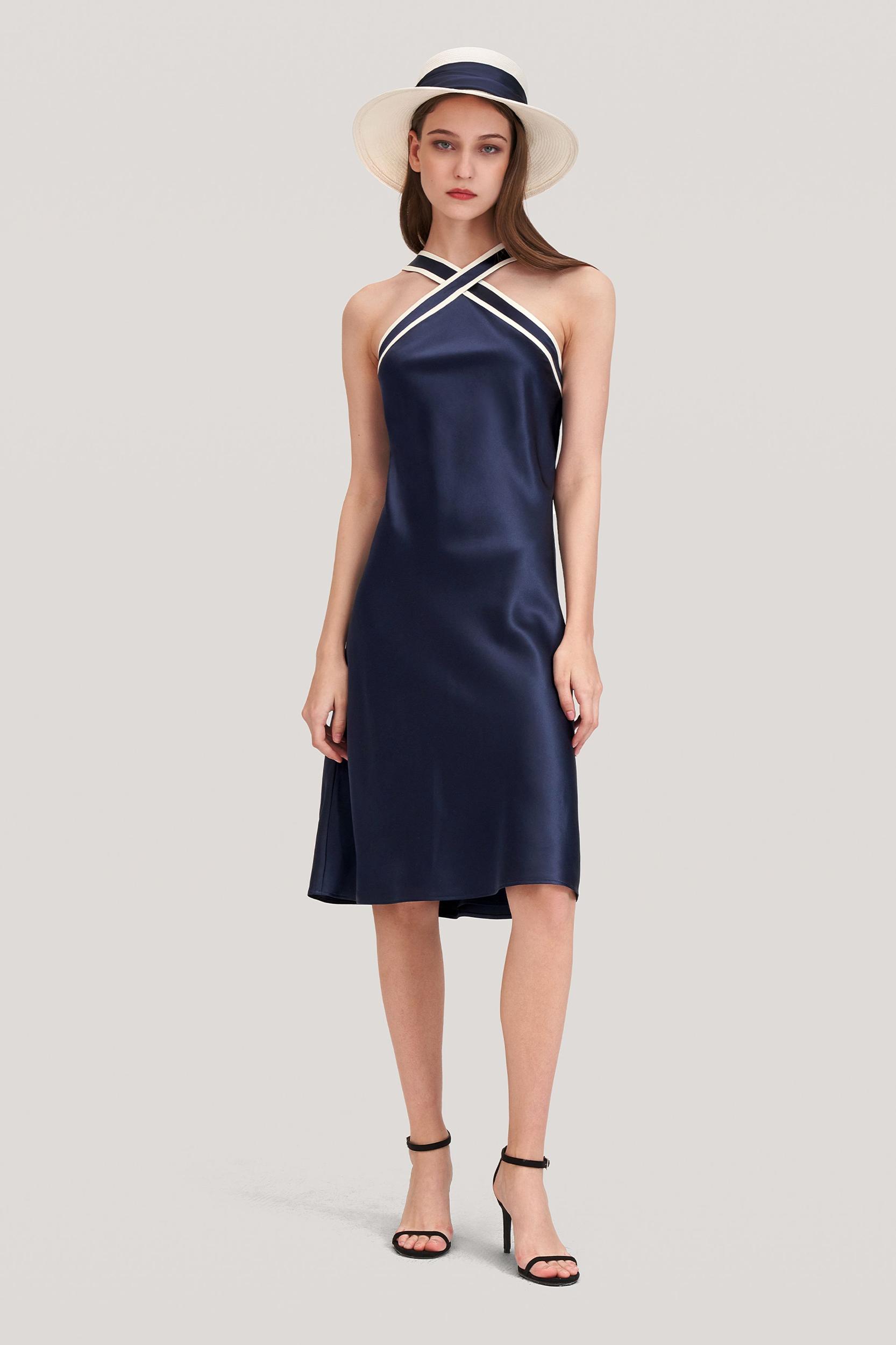 Glossy Camellia Silk Halter-Neck Dress Product Image