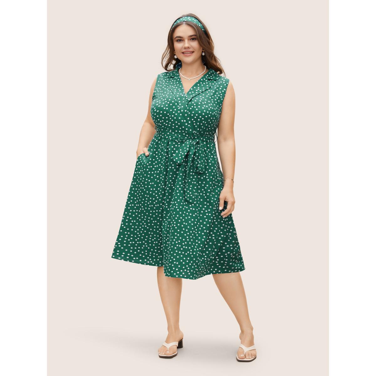 Plus Size Collared Polka Dot Dress Teal Women Elegant Belted Suit Collar Sleeveless Curvy BloomChic 12/L Product Image