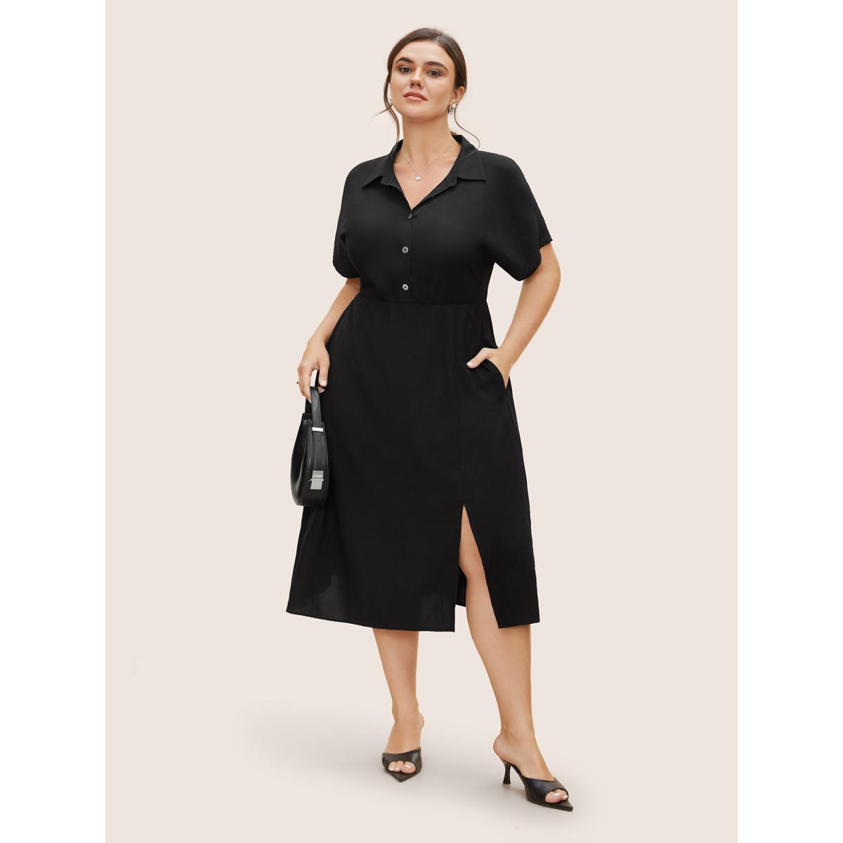 Plus Size Shirt Collar Button Detail Split Front Dress Black Women Workwear Essentials Button Shirt collar Short sleeve Curvy BloomChic 26/4X Product Image