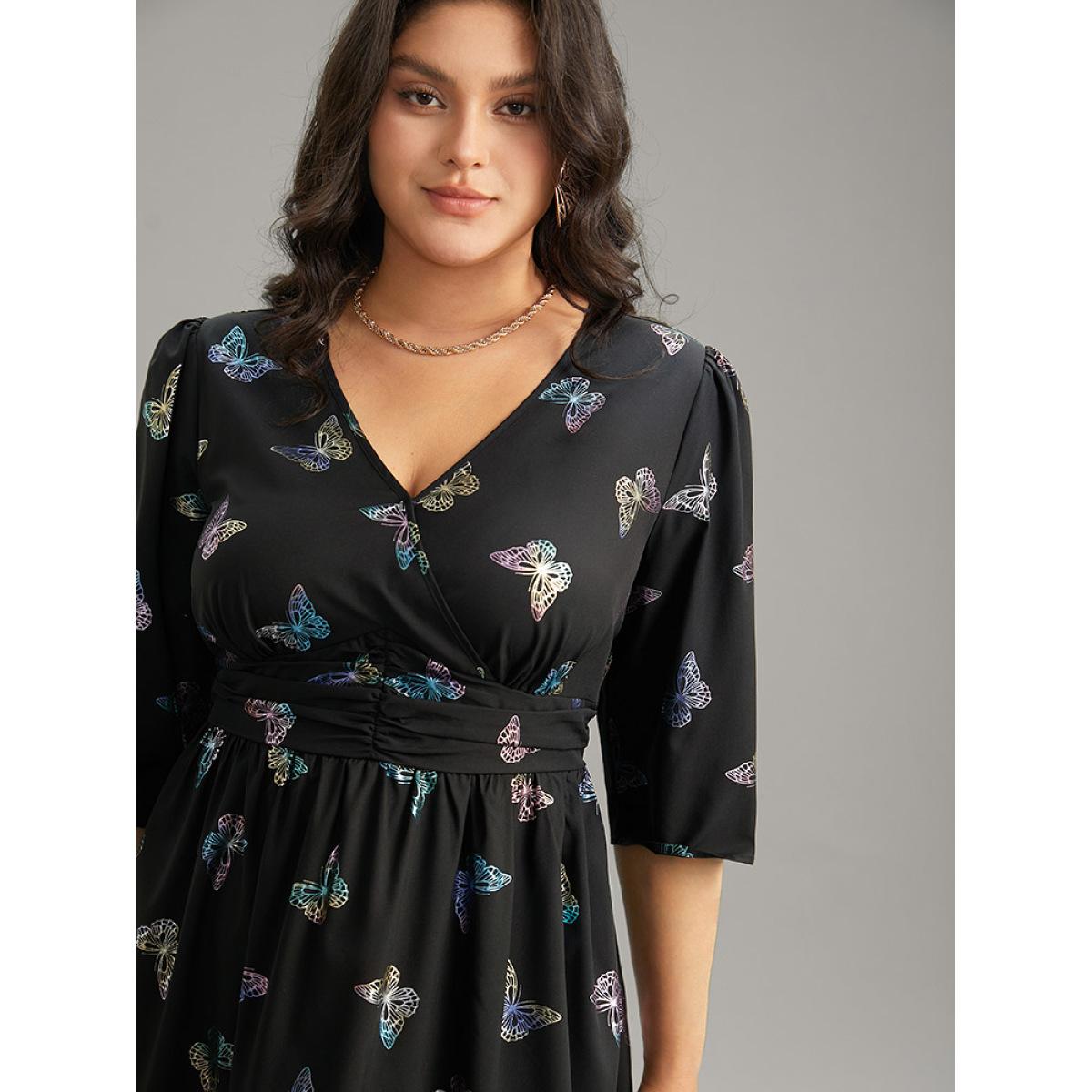 Plus Size Butterfly Glitter V Neck Ruched Dress Black Women Party Wrap Overlap Collar Half Sleeve Curvy Midi Dress BloomChic 26/4X Product Image