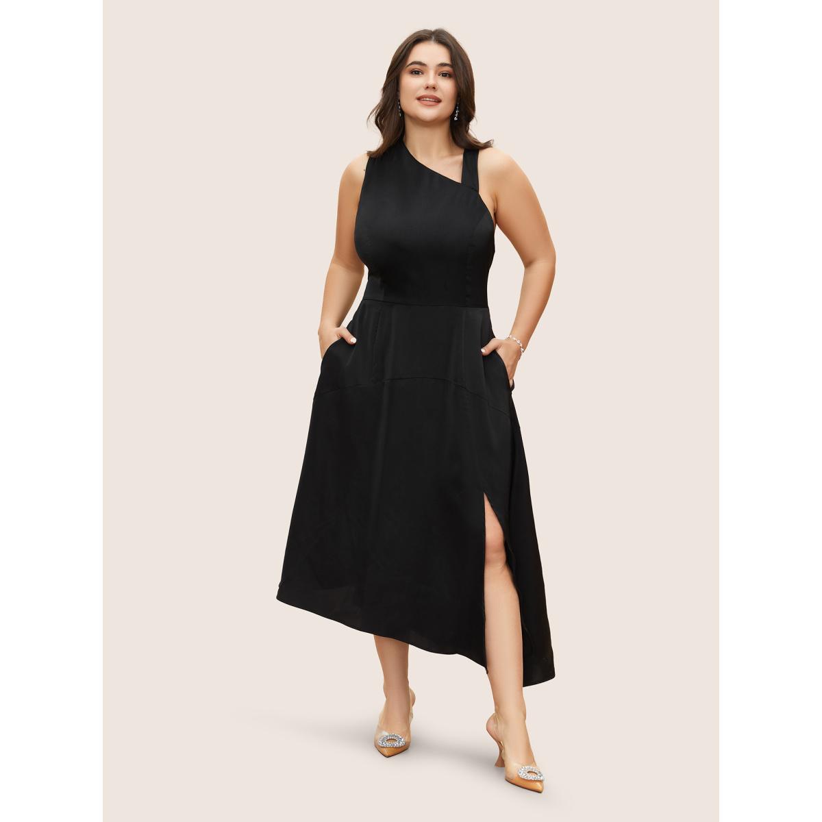 Plus Size Solid Asymmetrical Neck Split Hem Dress Black Women Formal Asymmetrical Neck Sleeveless Curvy Midi Dress BloomChic 18-20/2X Product Image