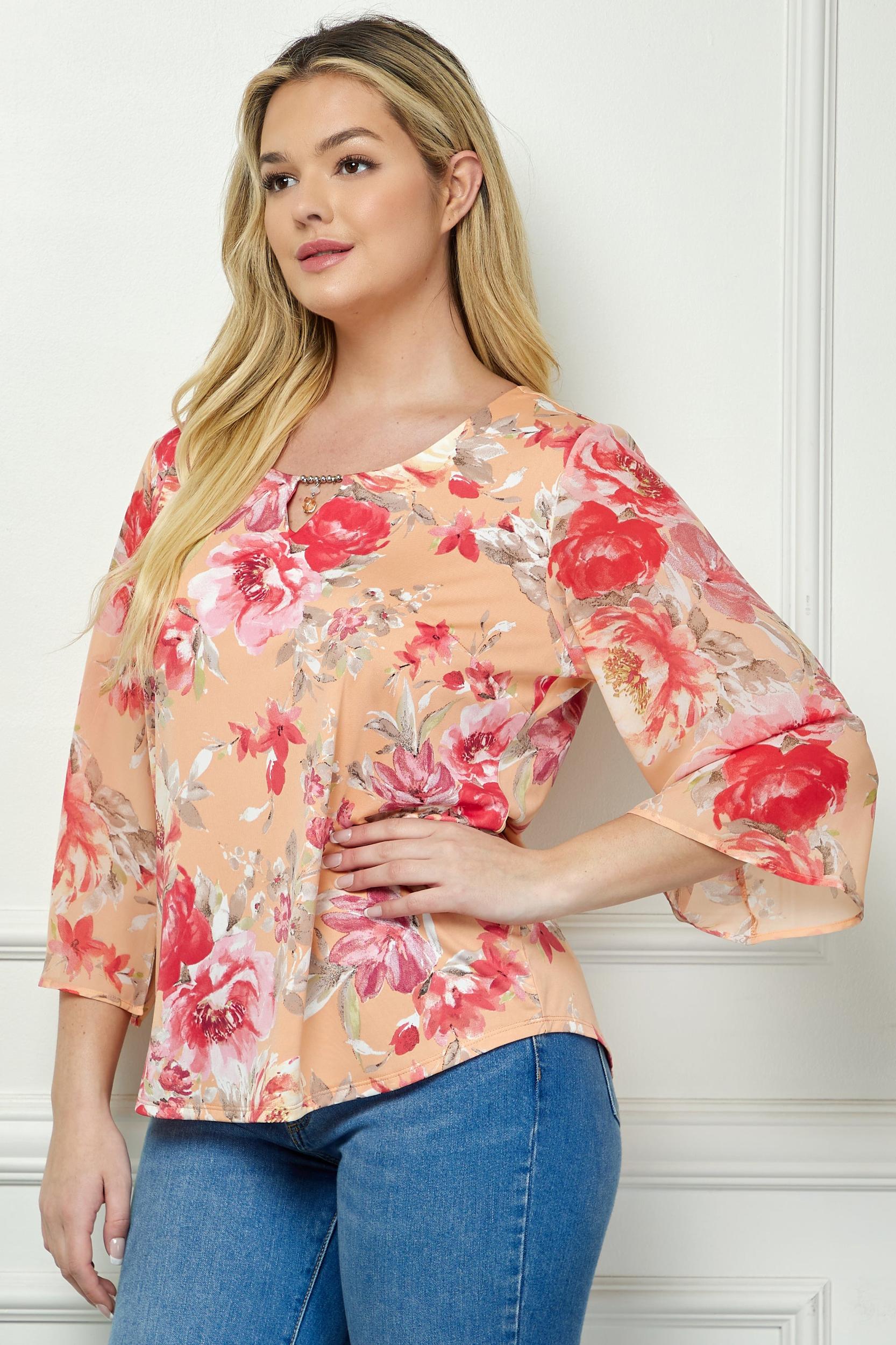 Coral 3/4 Bell Sleeve Cutout Keyhole Trim Front Neck Mix Media Blouse - Plus Product Image