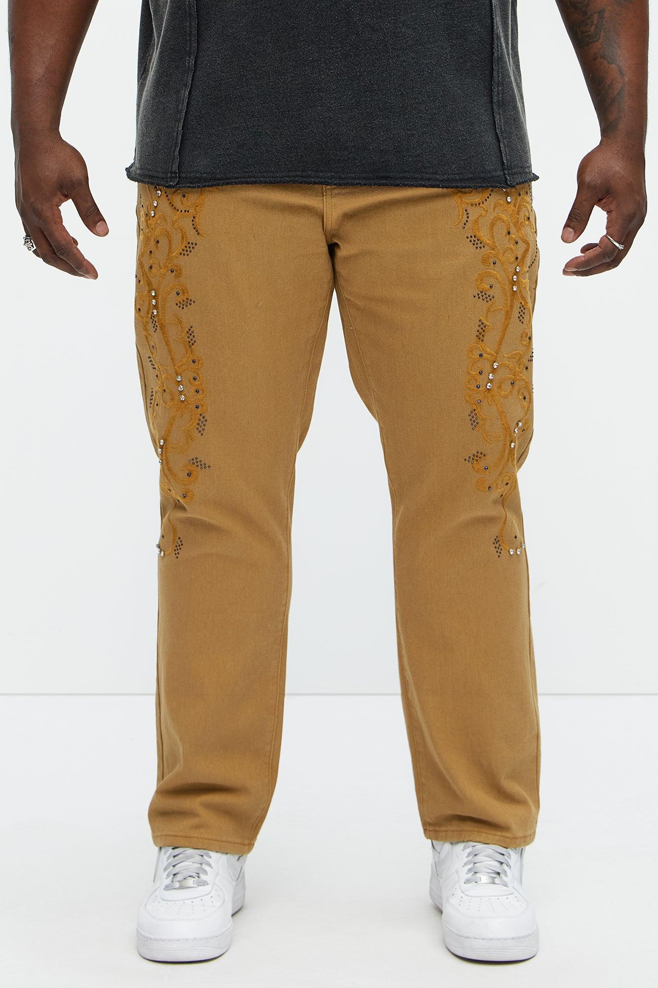 Kurt Rhinestone Embroidered Slim Jeans - Khaki Product Image