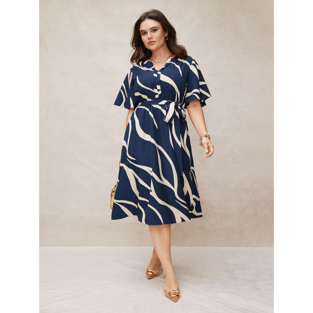 Plus Size Geometric Surplice Neck Tie Knot Midi Dress Navy Women At the Office Belted Flat collar with V-notch Short sleeve Curvy BloomChic 10/M Product Image