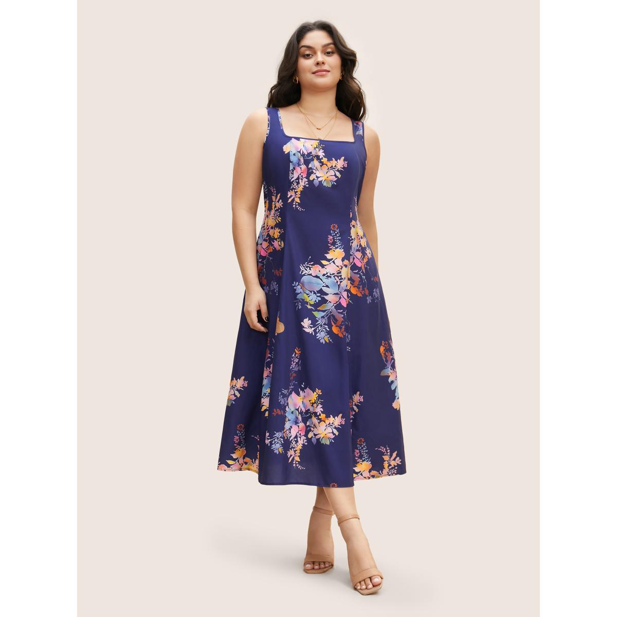 Plus Size Square Neck Silhouette Floral Print Pleated Dress DarkBlue Women Elegant Non Square Neck Sleeveless Curvy BloomChic 30/6X Product Image
