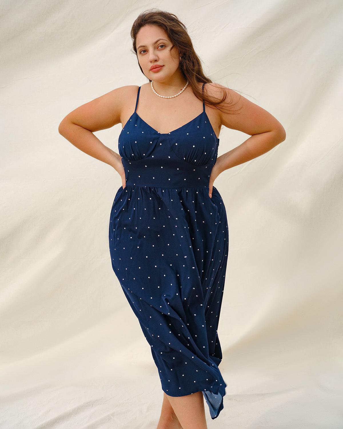 Navy Polka Dot Plus Size Slip Midi Dress Product Image