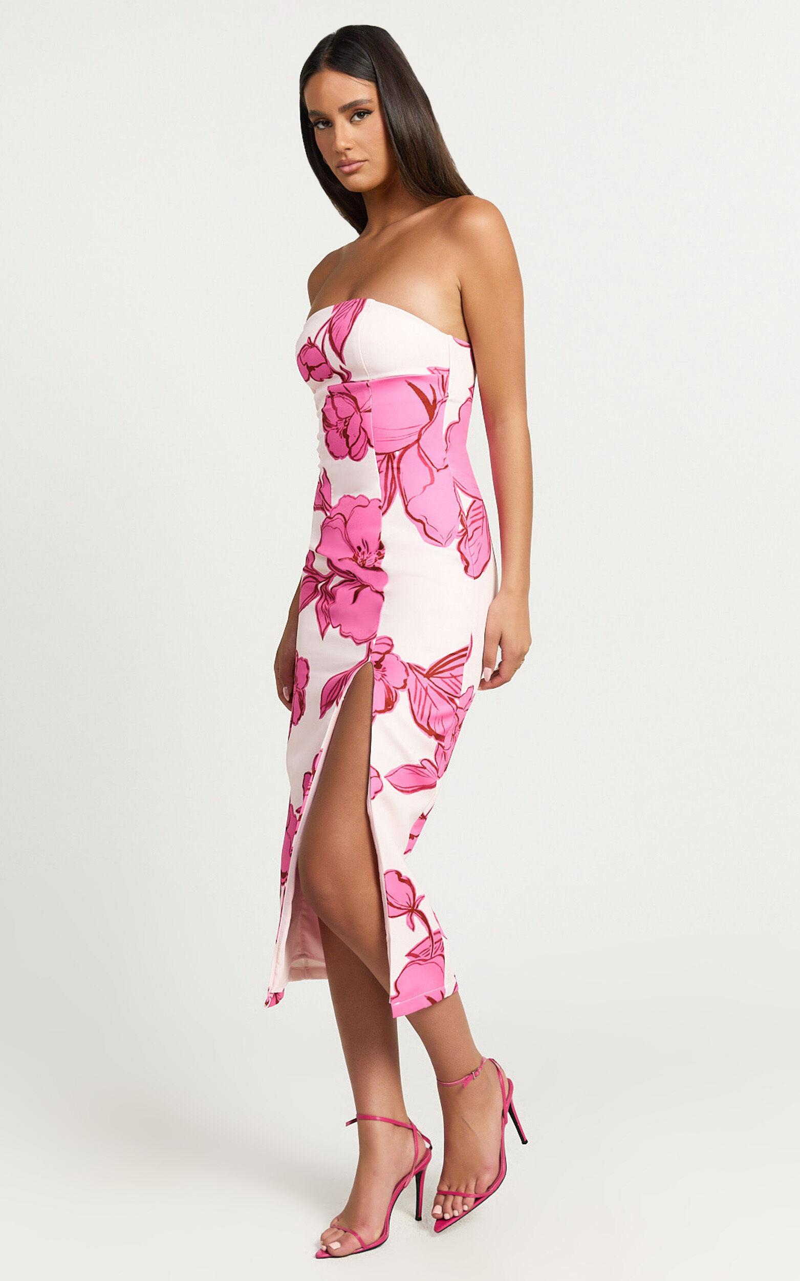 Shantelle Midi Dress - Strapless Bodycon Back Split Dress in Bouquet Di Fiori Print Product Image