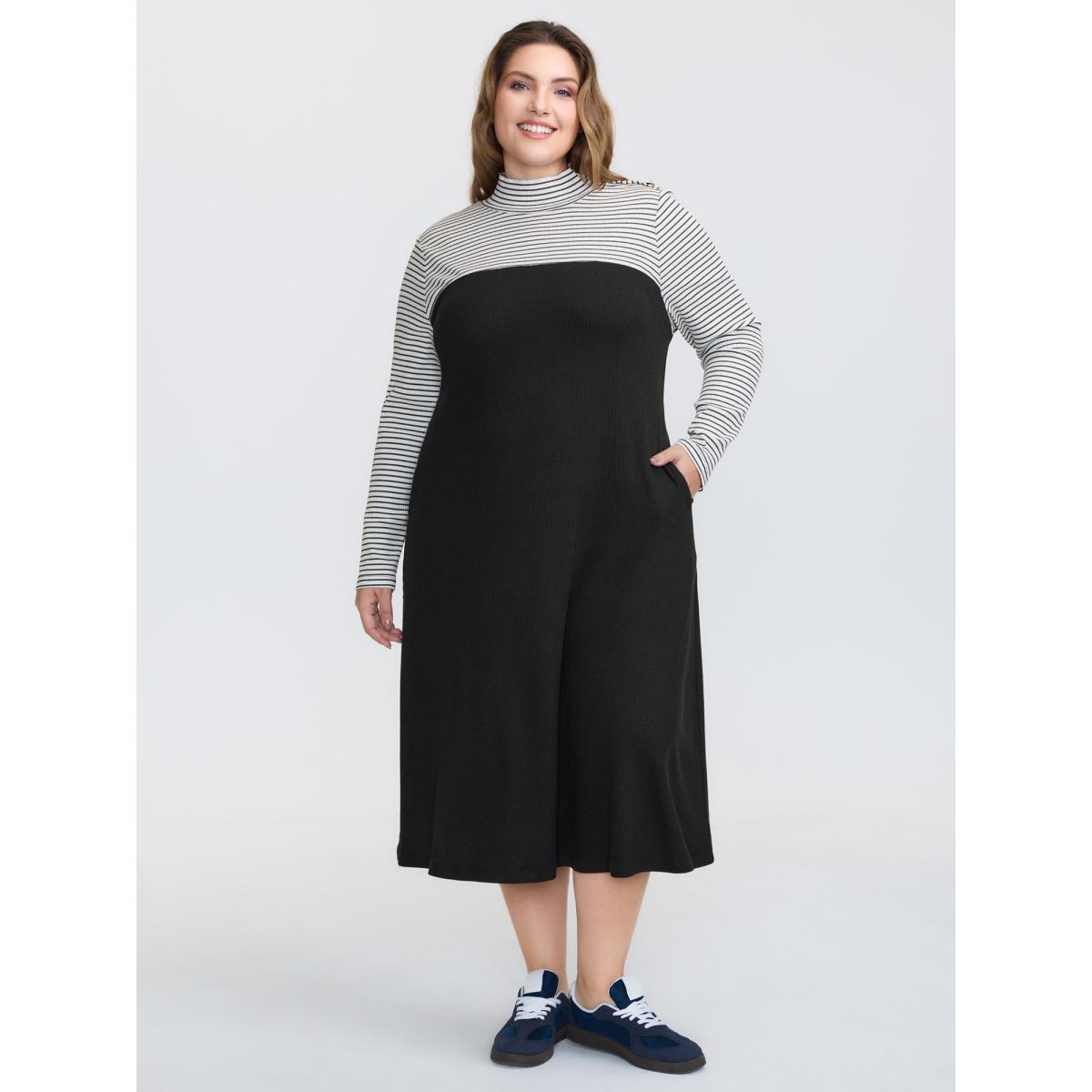 Plus Size Layered Keep it Casual Stripe Midi Dress Black Women Leisure Texture Turtleneck Extra Long Sleeve Curvy BloomChic 30/6X Product Image