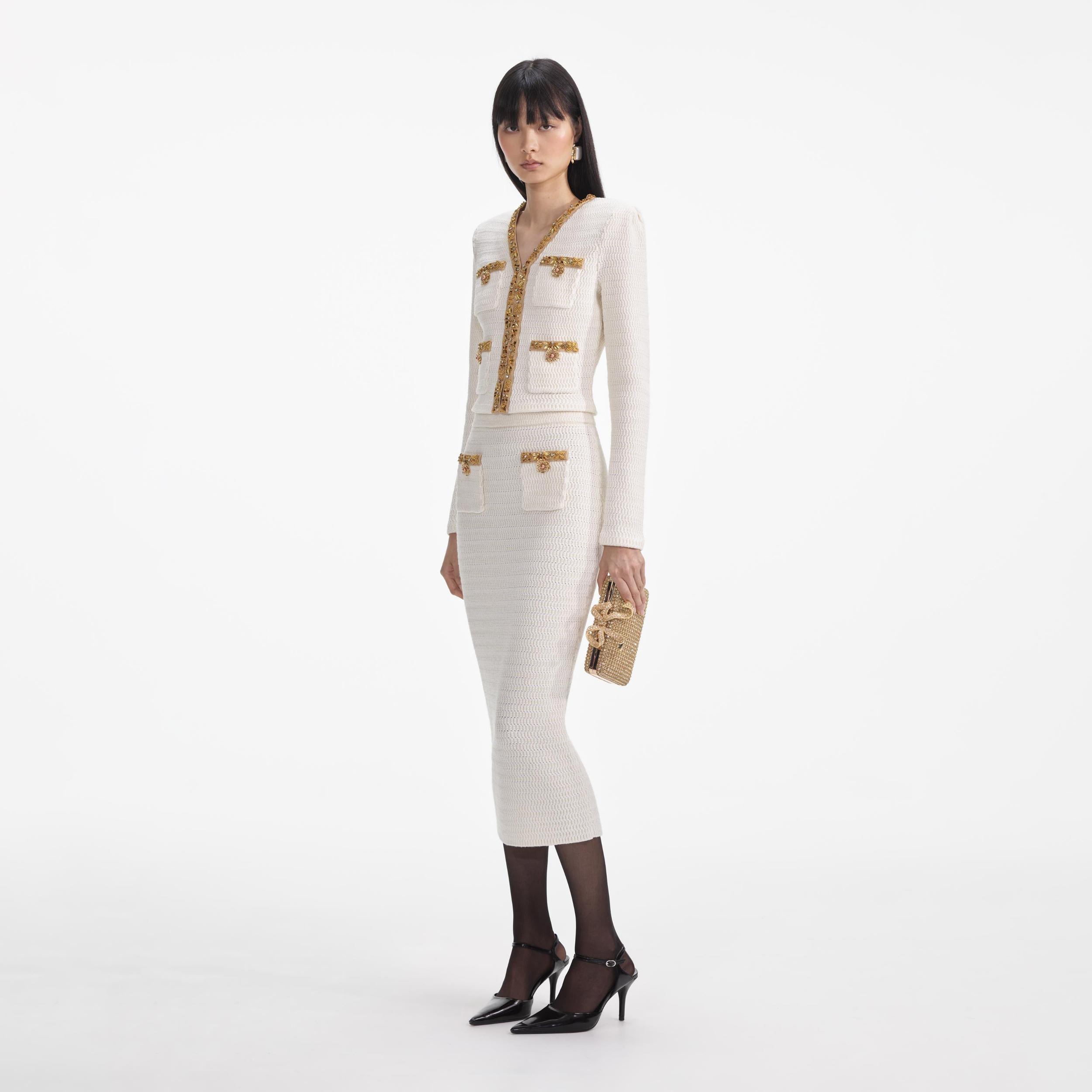 Cream Lurex Knit Midi Skirt Product Image