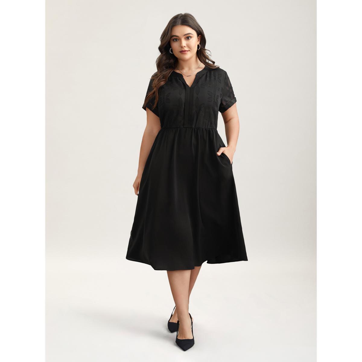 Plus Size Sheer Back Textured Cut-Out Midi Dress Black Women Office Texture Notched collar Short sleeve Curvy BloomChic 14-16/1X Product Image