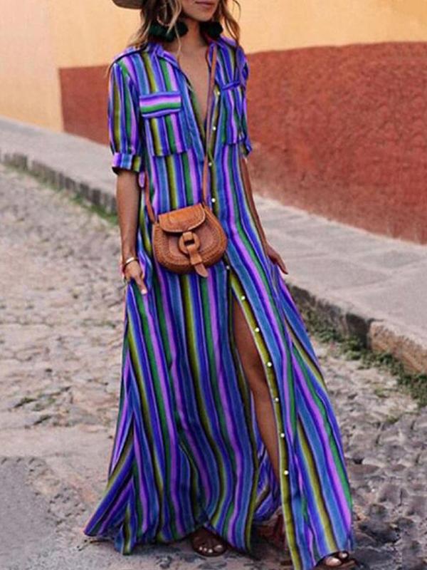 Long Sleeves Loose Split-Joint Striped Lapel Maxi Dresses Shirt Dress Product Image